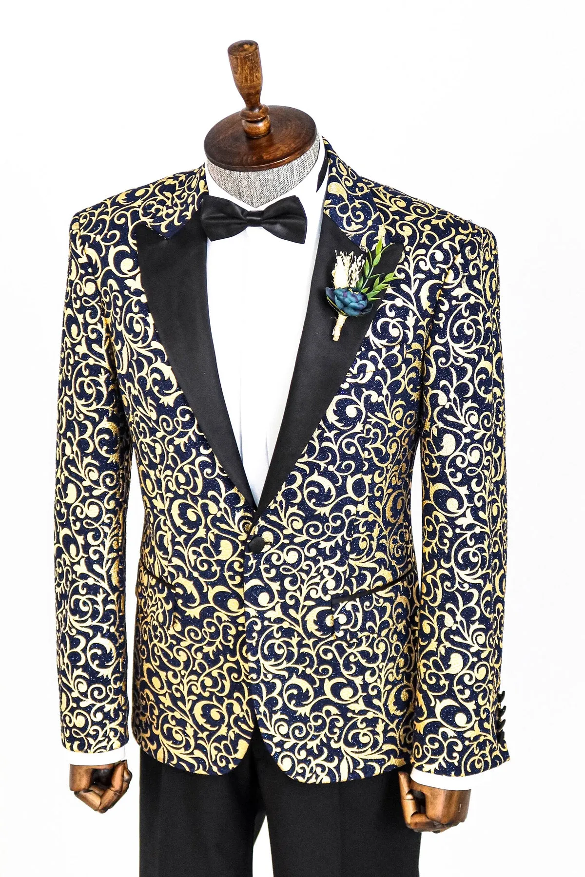 Gold Patterned Over Navy Men Party Blazer - Wessi