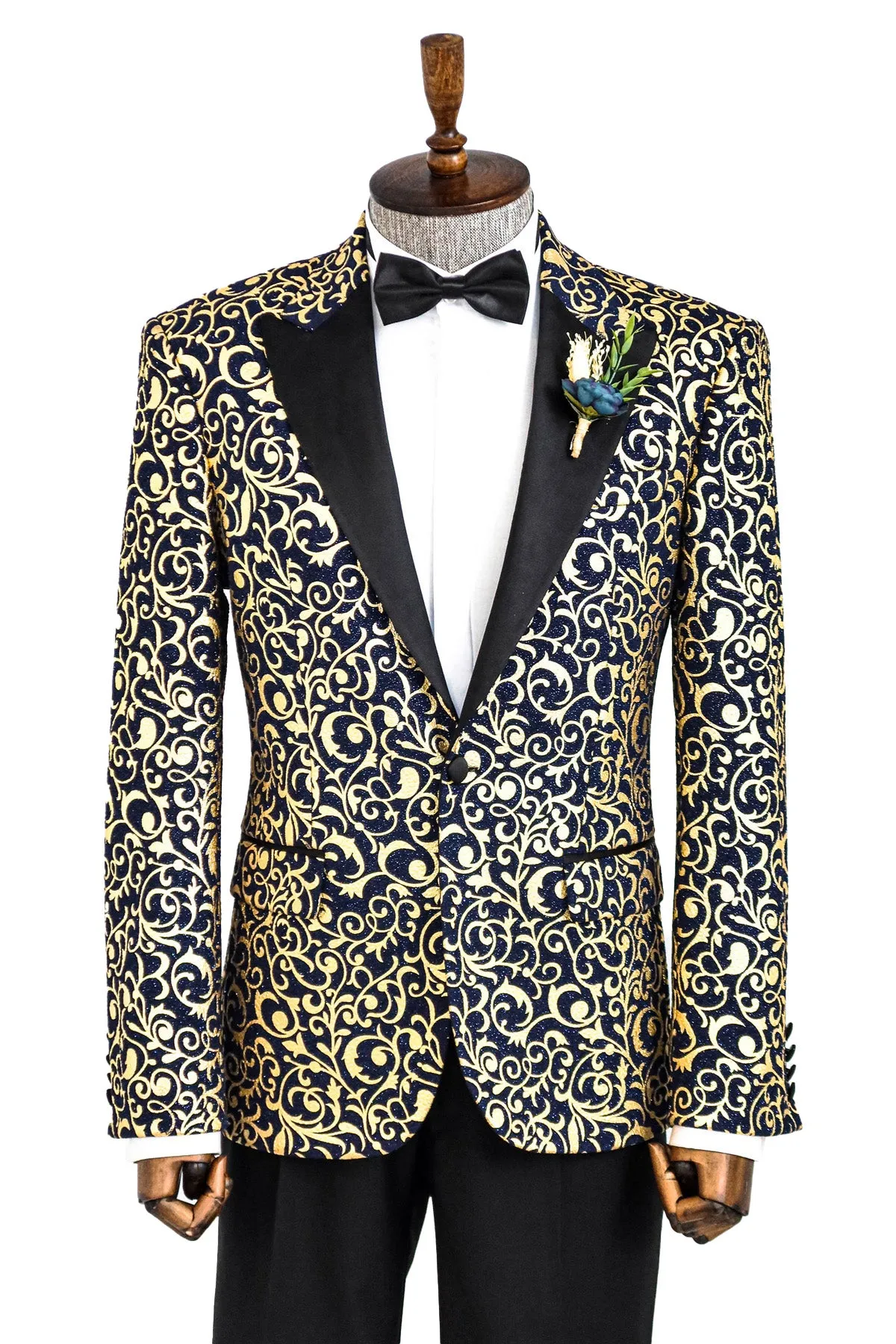 Gold Patterned Over Navy Men Party Blazer - Wessi