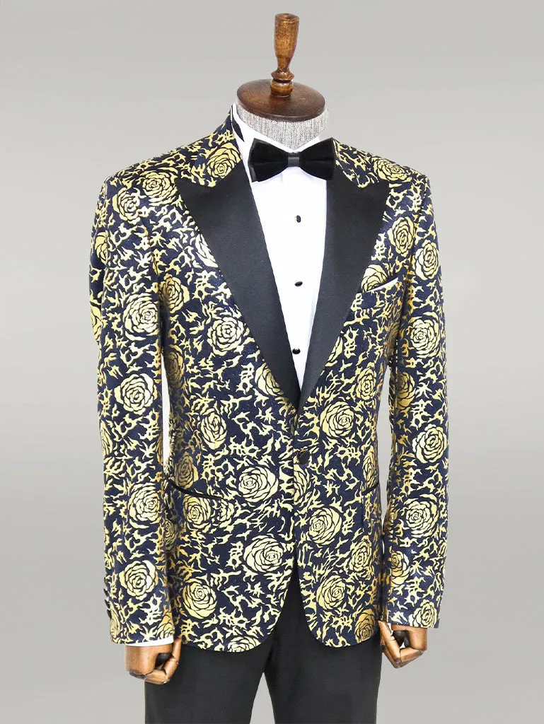 Gold Rose Patterned Slim Fit Navy Blue Men Party Blazer - Wessi