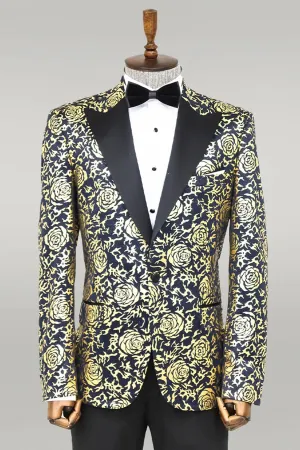 Gold Rose Patterned Slim Fit Navy Blue Men Party Blazer - Wessi