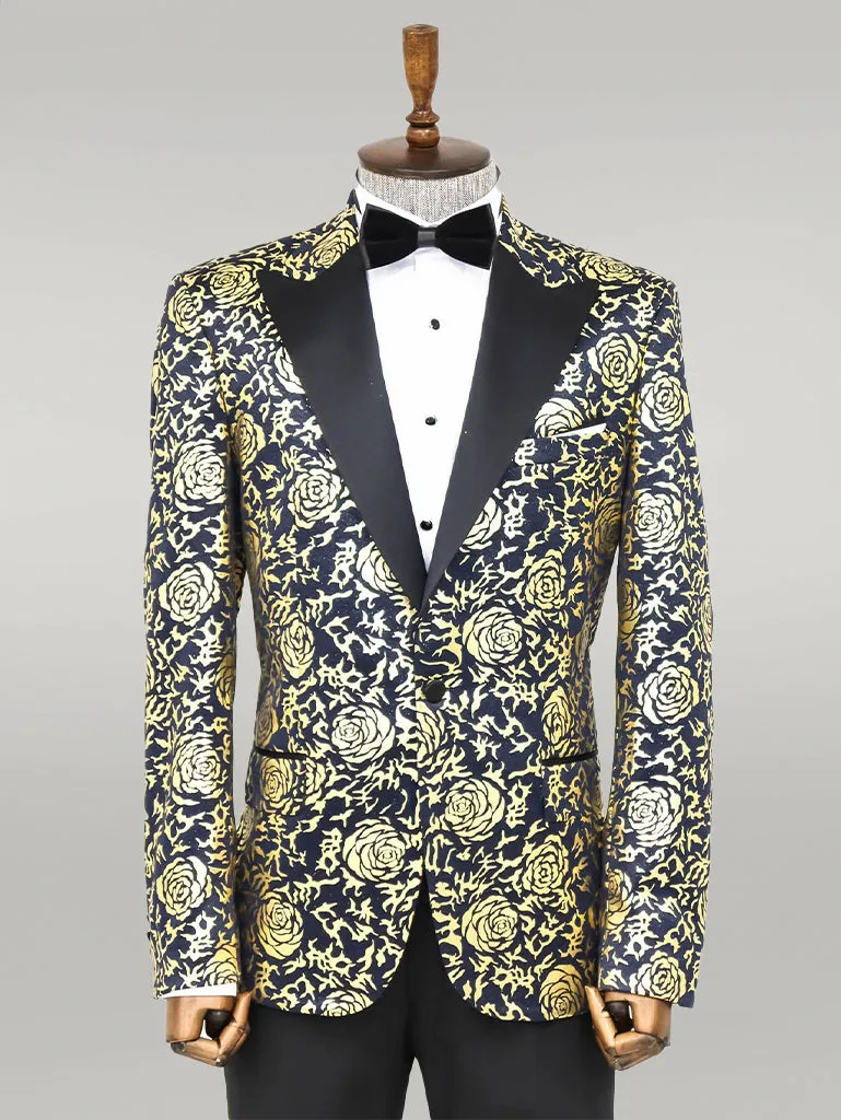 Gold Rose Patterned Slim Fit Navy Blue Men Party Blazer - Wessi