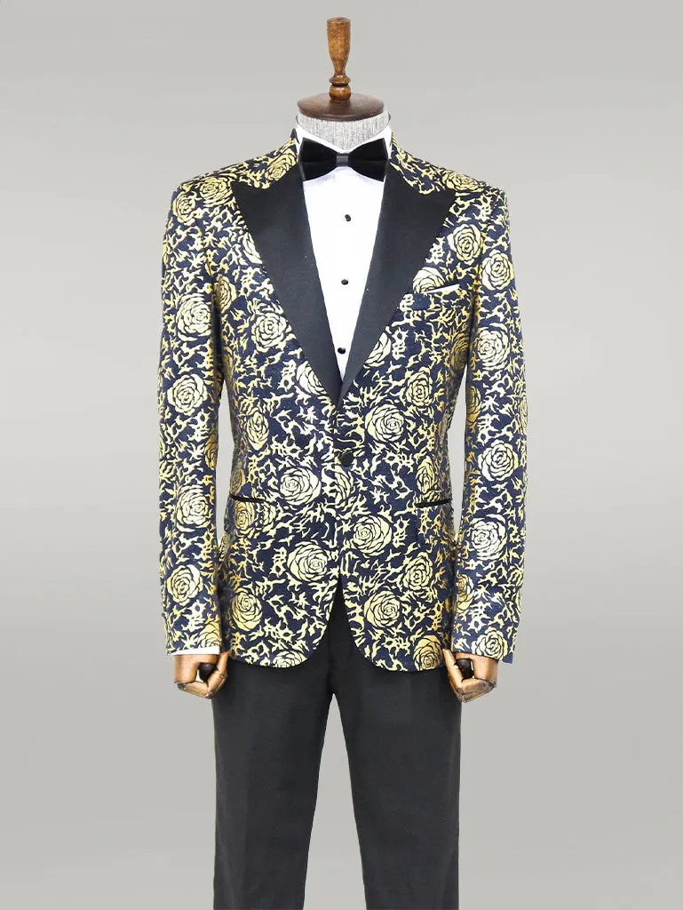 Gold Rose Patterned Slim Fit Navy Blue Men Party Blazer - Wessi