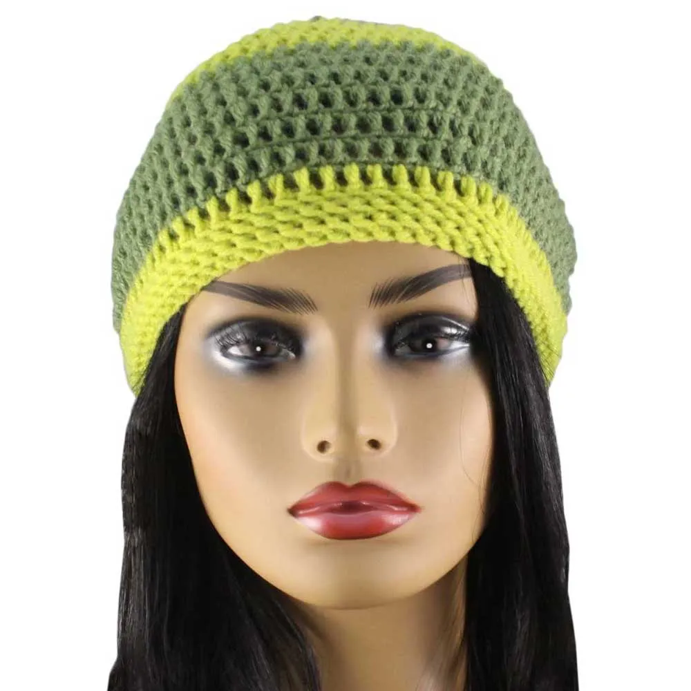 Green and Olive Green Crochet Beanie Hat Medium/Large - JMCH42ML