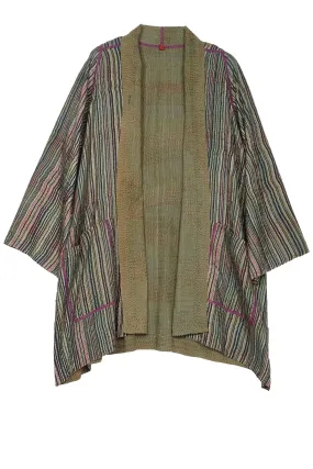 GREEN STRIPE W VINTAGE BACKING KANTHA A-LINE JKT - gt2003-grn -