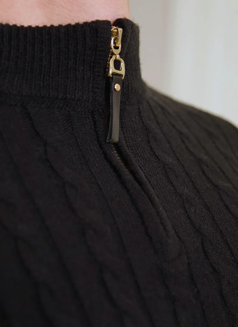 Half-Zip Cable Knit Sweater - Black