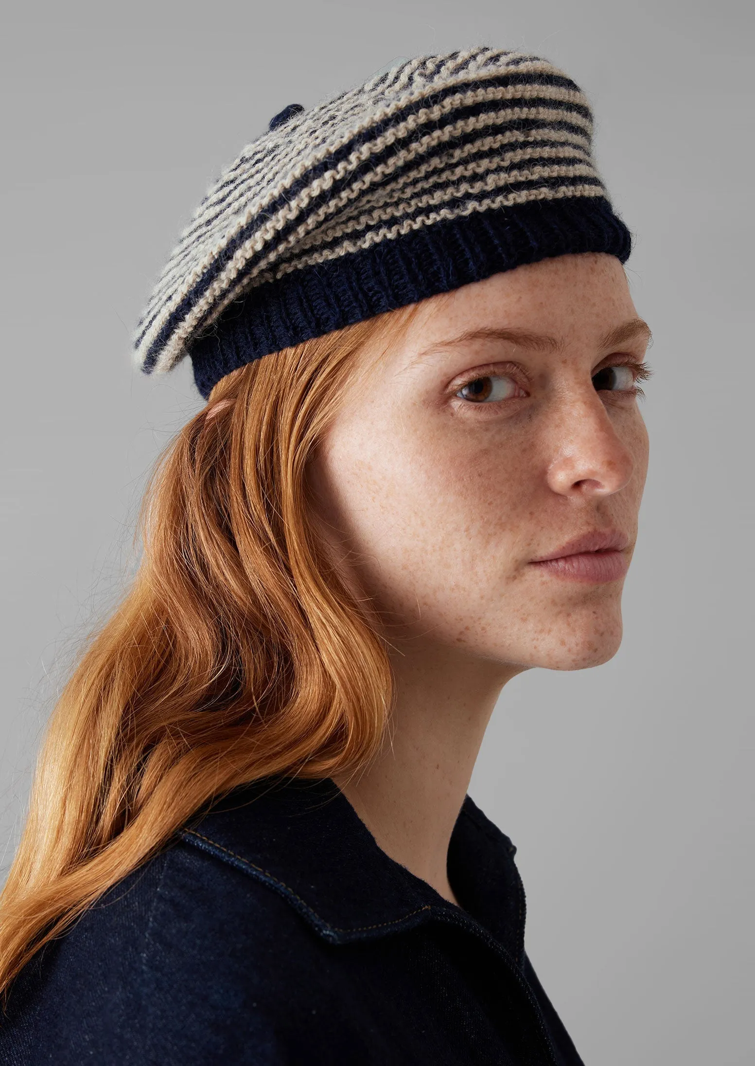 Hand Knitted Striped Beret | Navy/Ecru