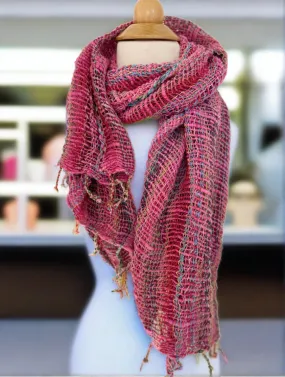 Handwoven Open Weave Cotton Scarf - Multi Pink-Gray