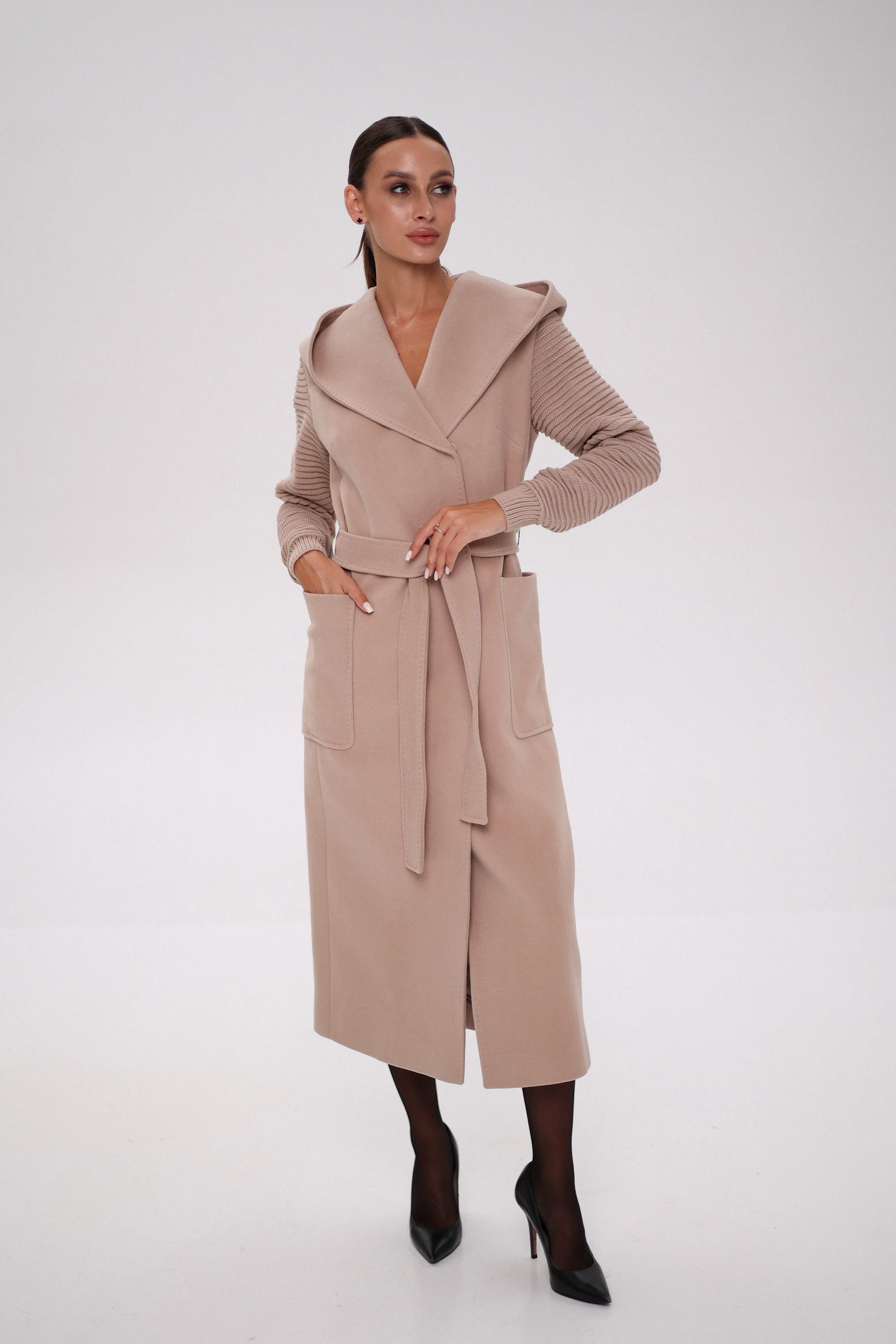 Hooded Knit Sleeves Cashmere Wool Coat in Blush