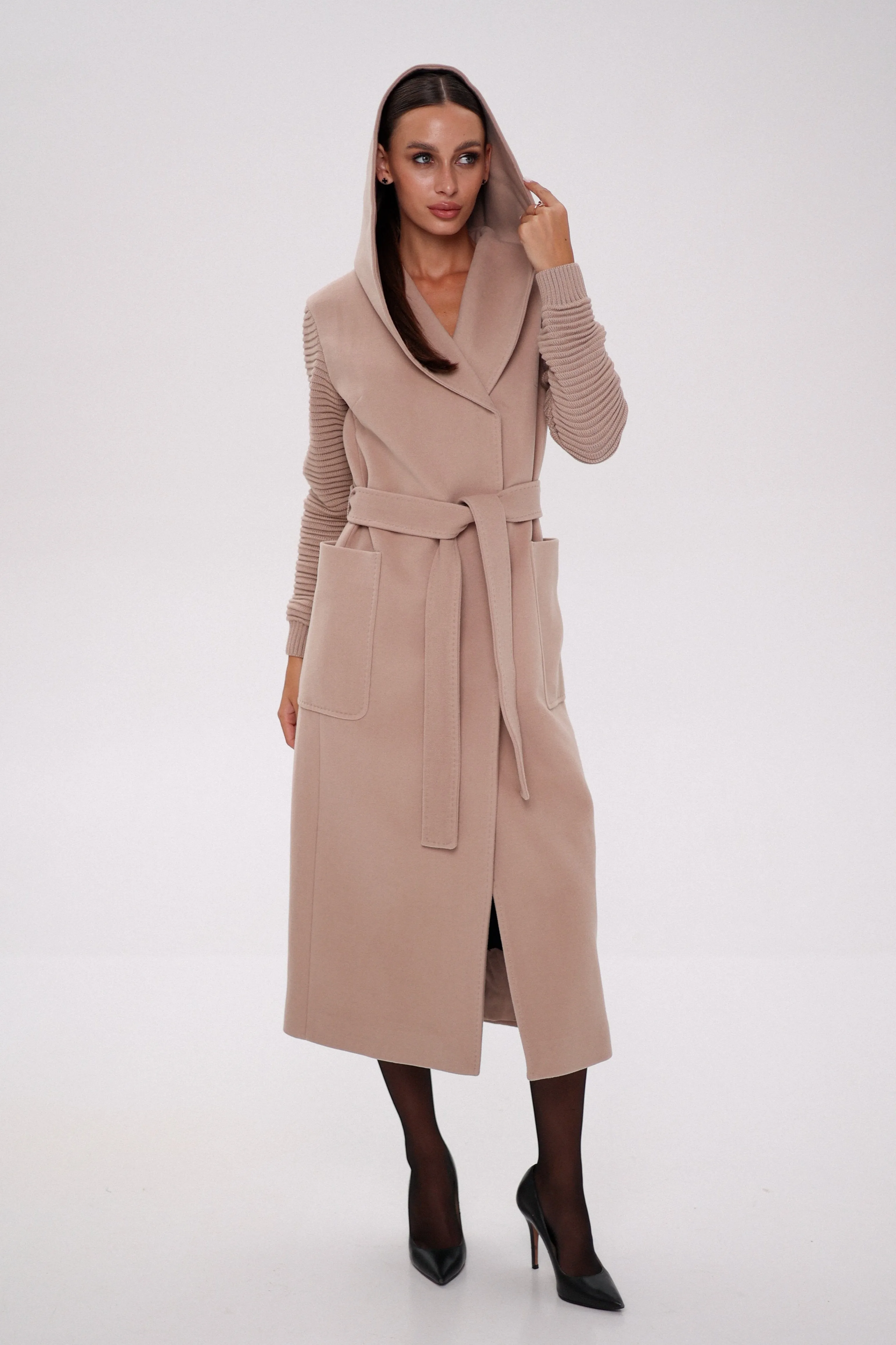 Hooded Knit Sleeves Cashmere Wool Coat in Blush