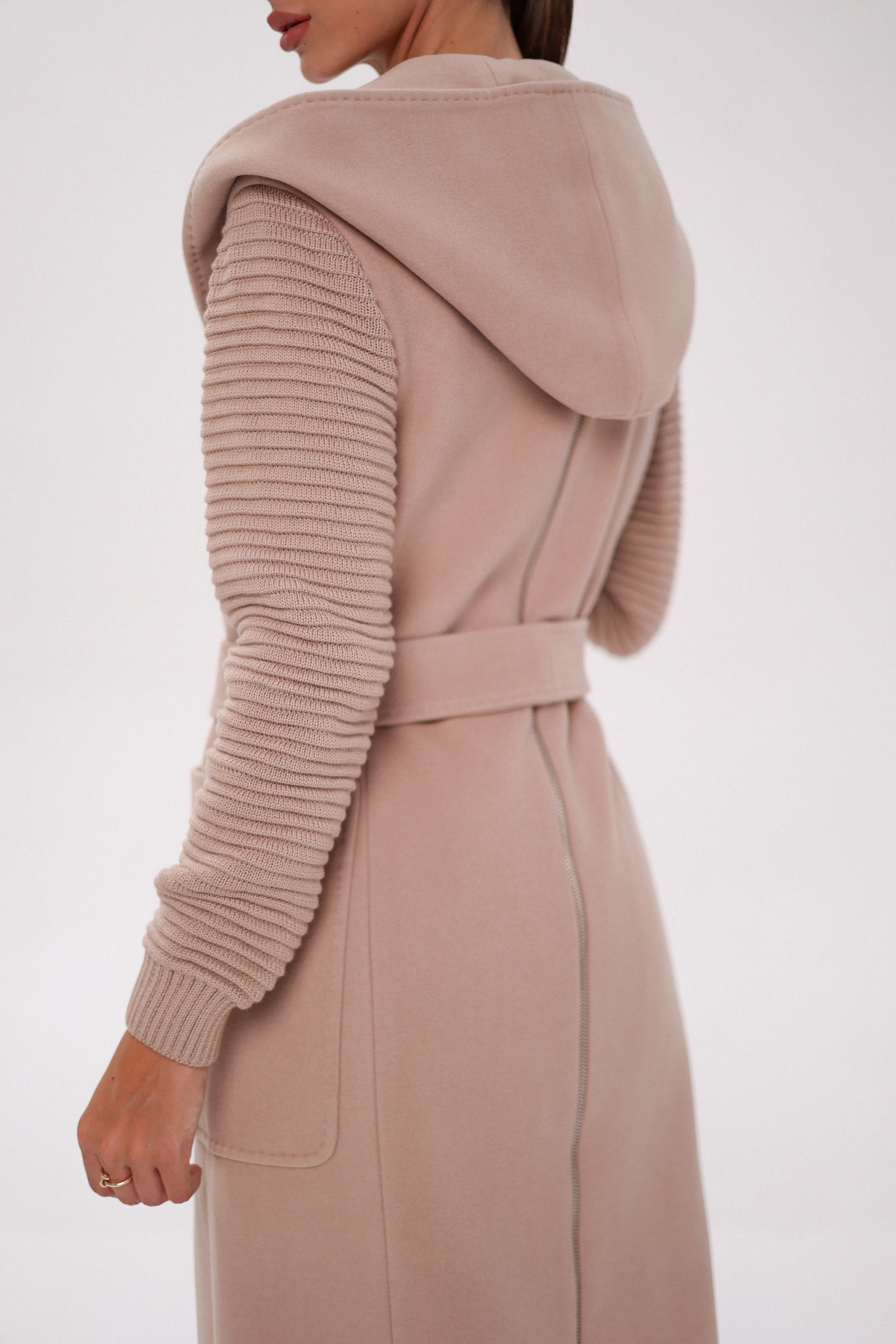 Hooded Knit Sleeves Cashmere Wool Coat in Blush