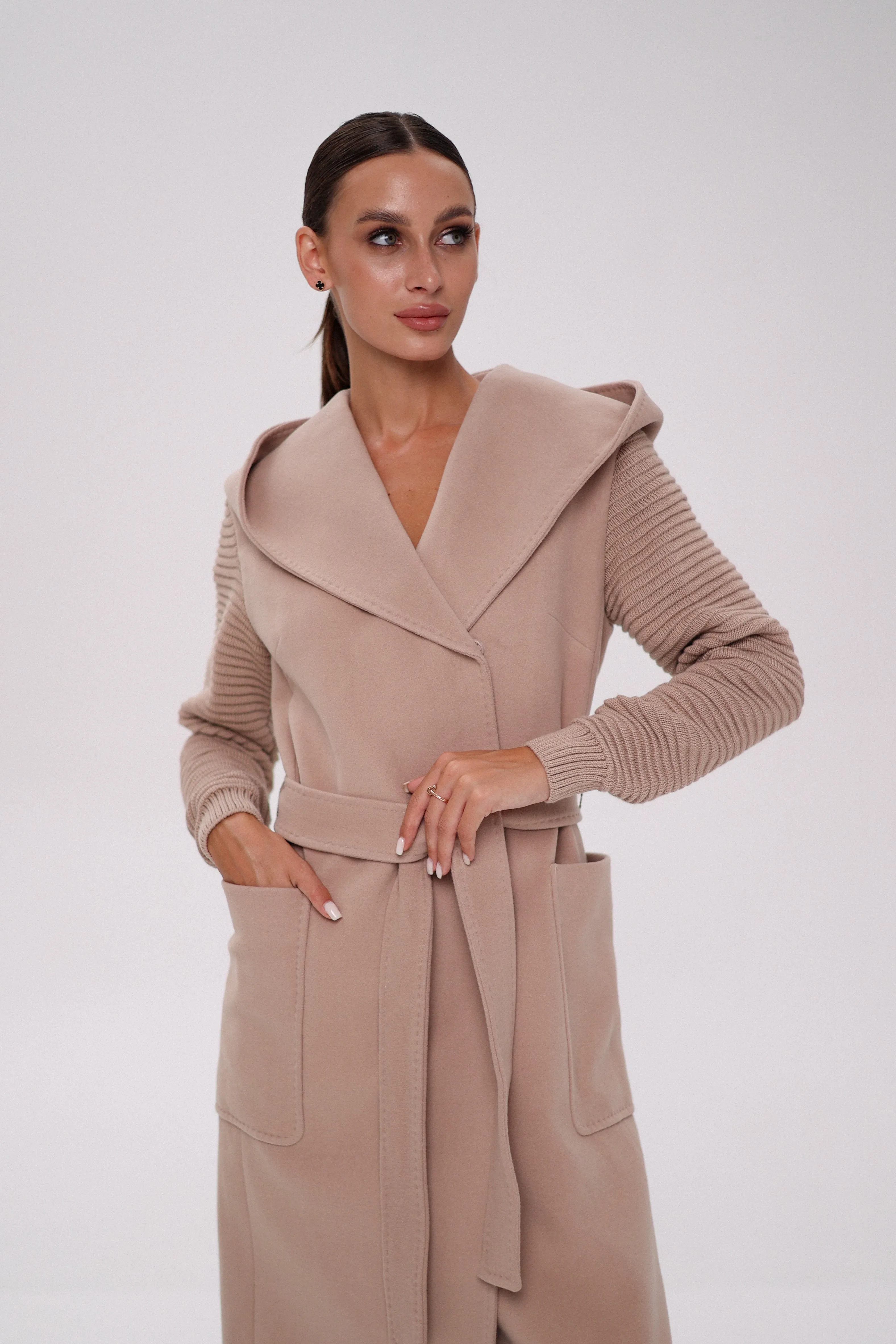 Hooded Knit Sleeves Cashmere Wool Coat in Blush