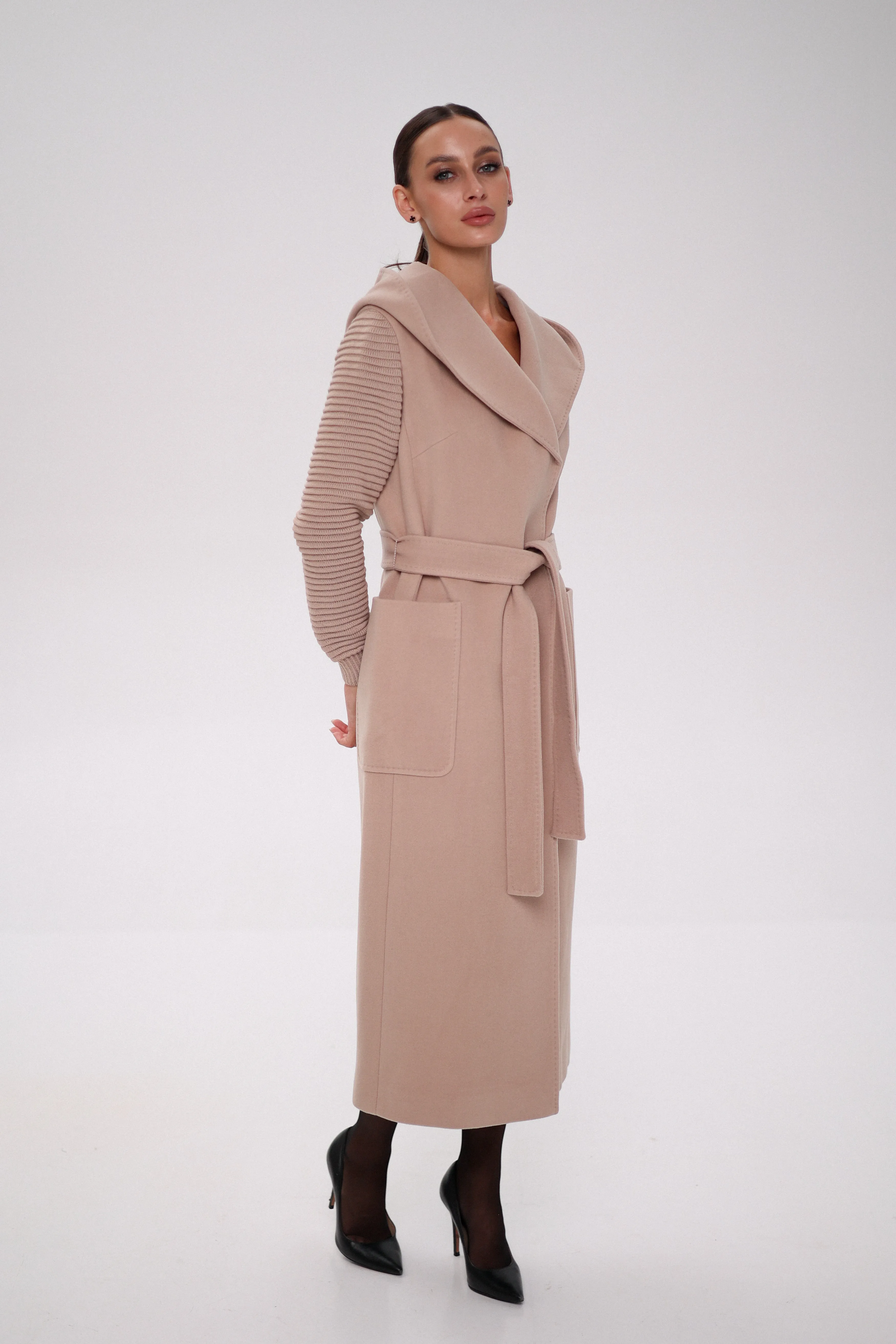 Hooded Knit Sleeves Cashmere Wool Coat in Blush