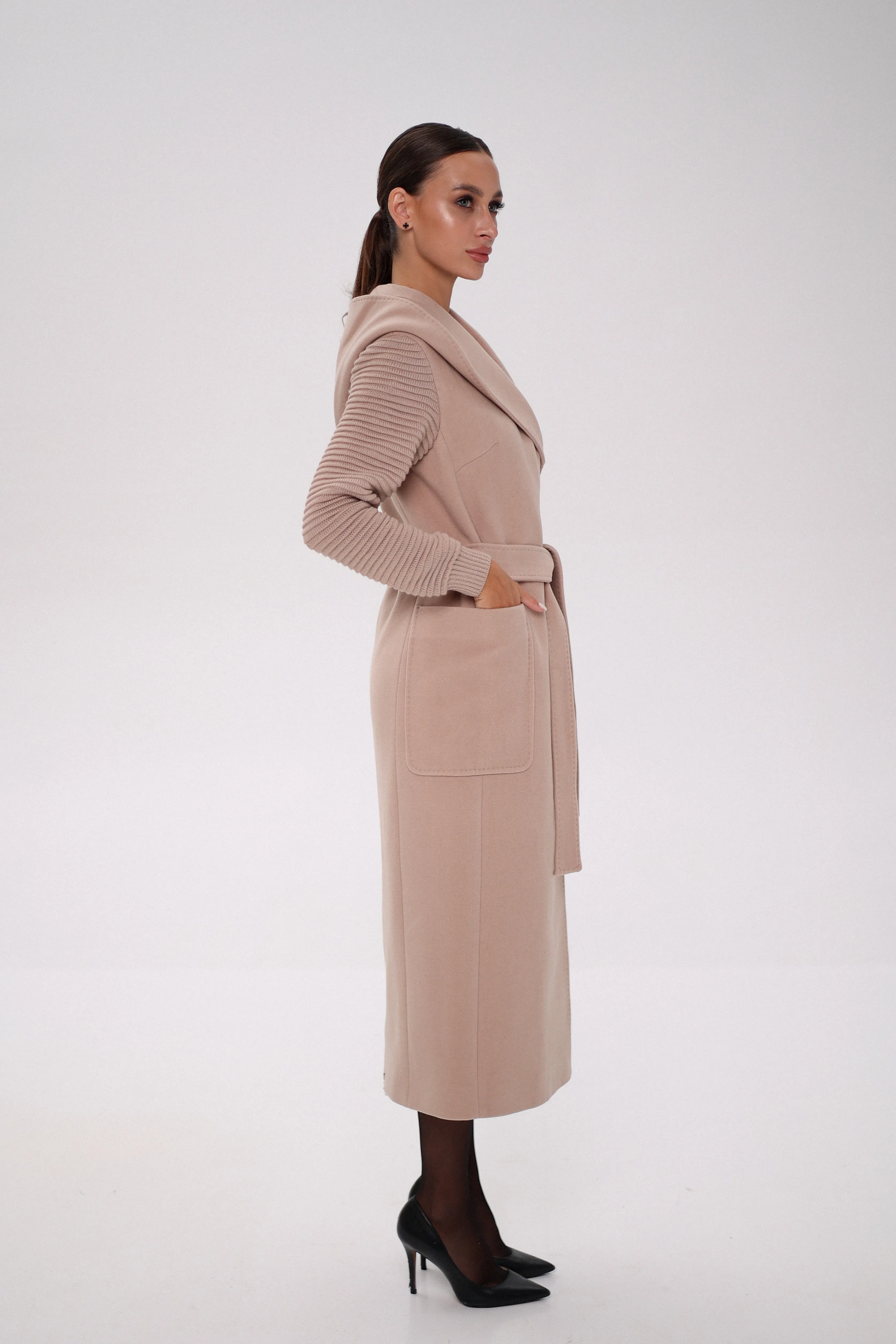 Hooded Knit Sleeves Cashmere Wool Coat in Blush