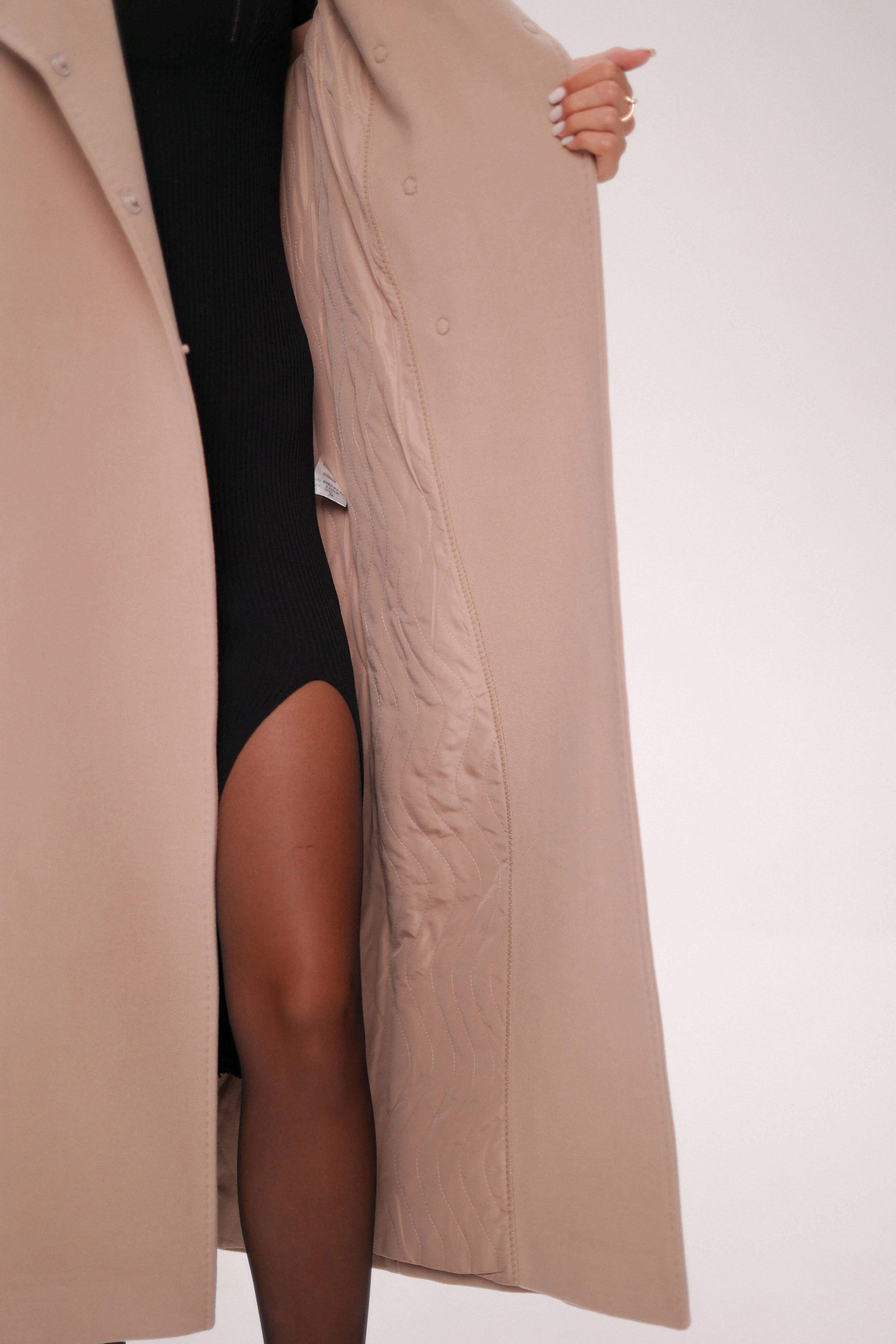 Hooded Knit Sleeves Cashmere Wool Coat in Blush