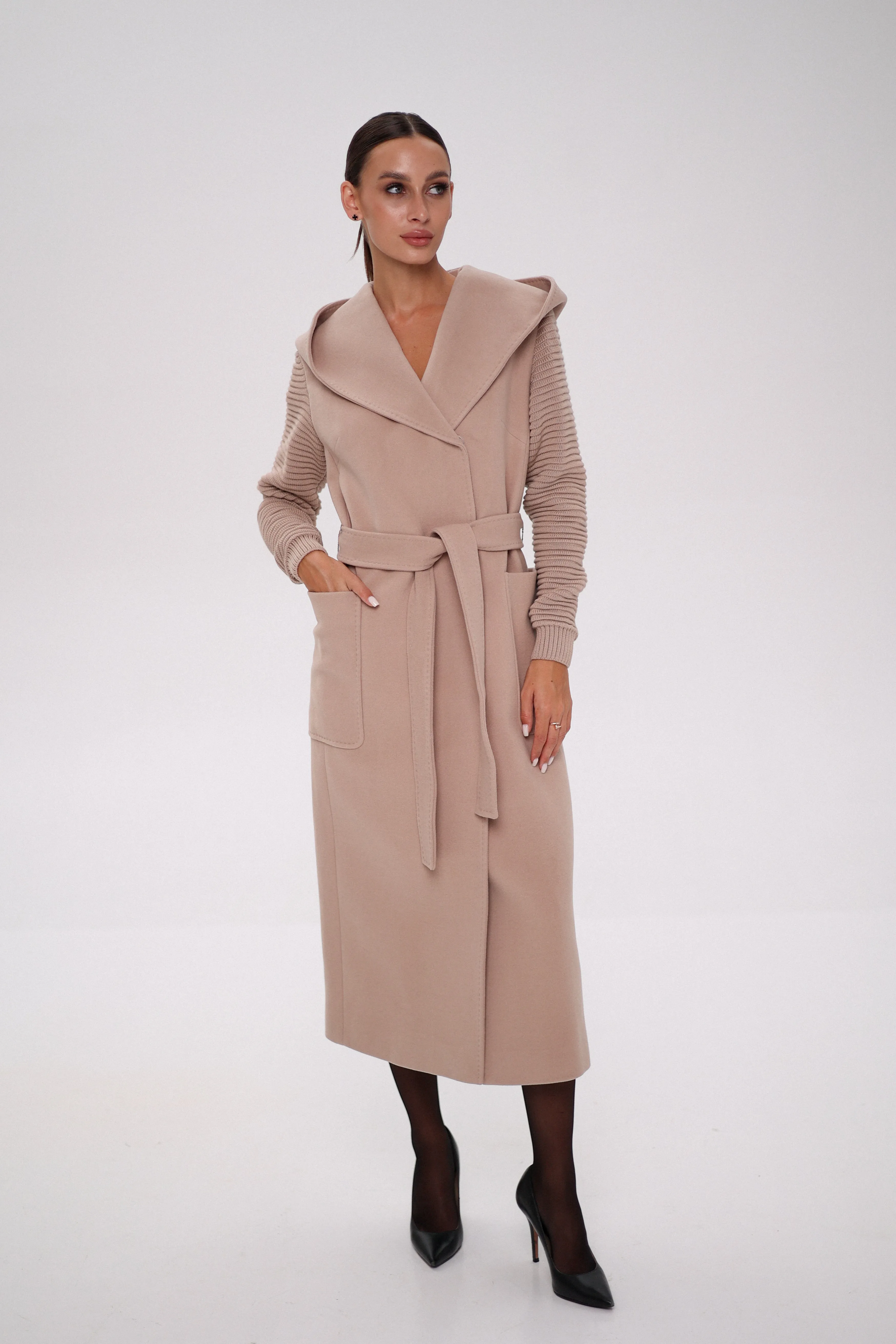 Hooded Knit Sleeves Cashmere Wool Coat in Blush