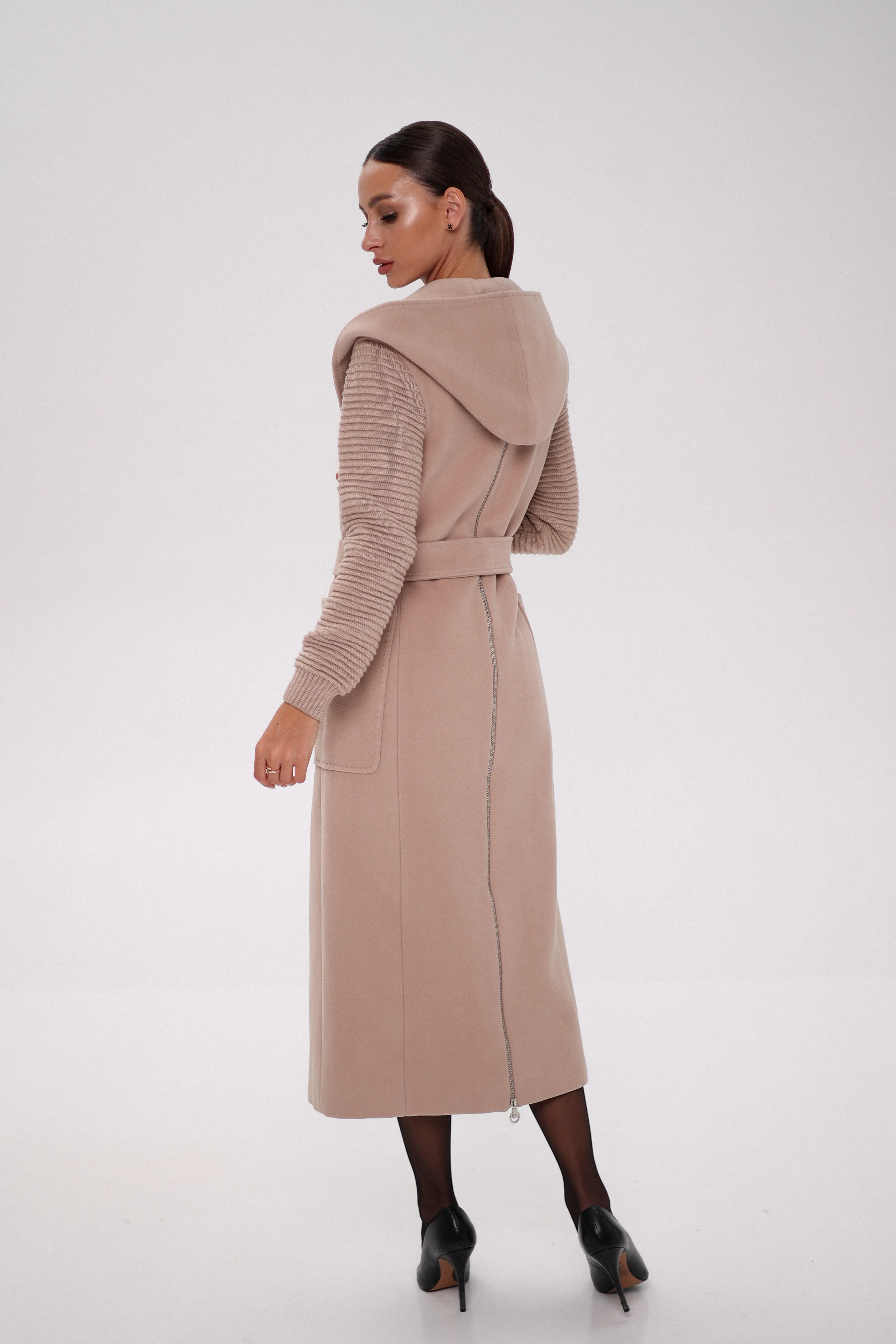 Hooded Knit Sleeves Cashmere Wool Coat in Blush