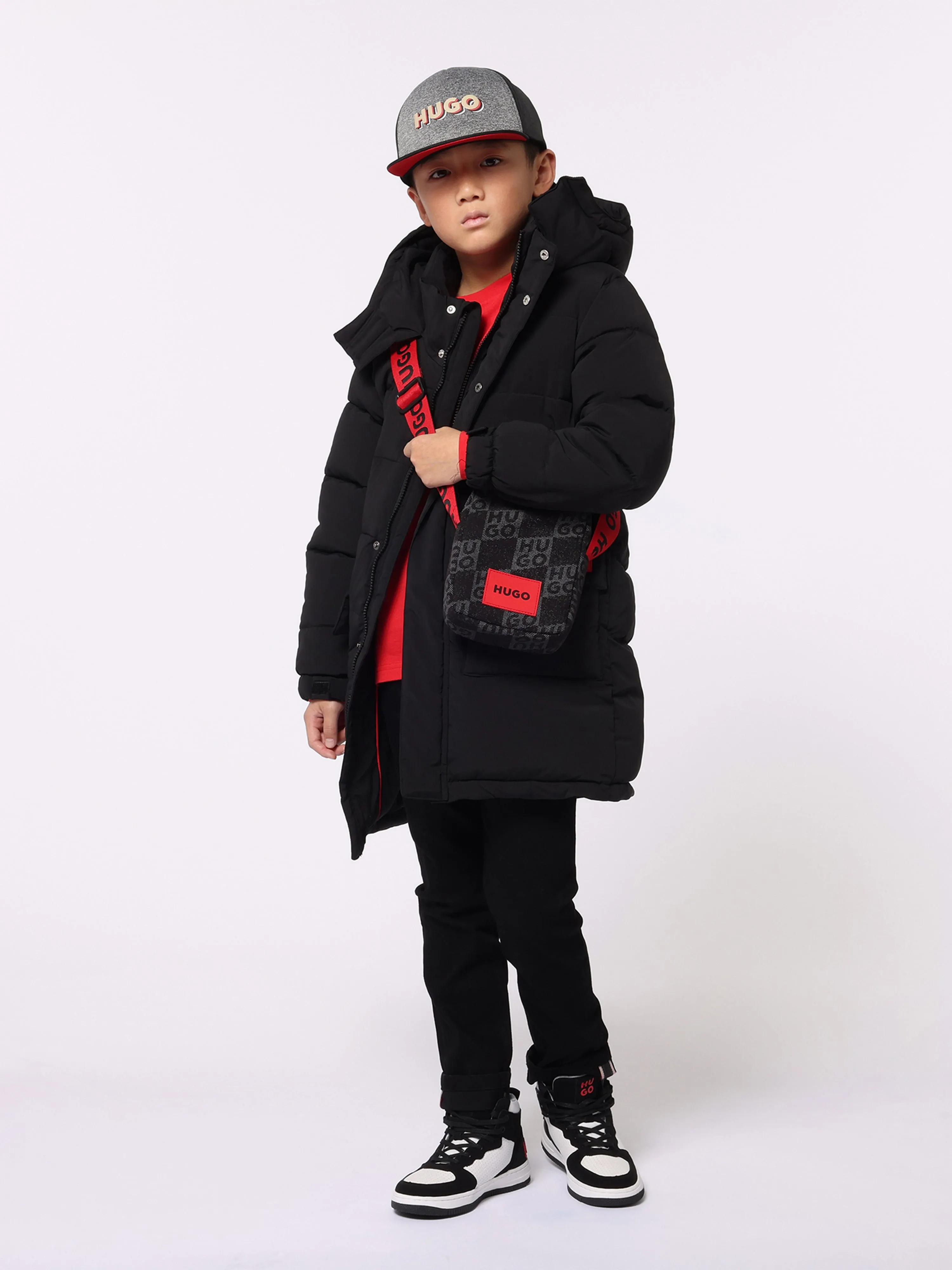 Hugo Boys Long Puffer Jacket in Black