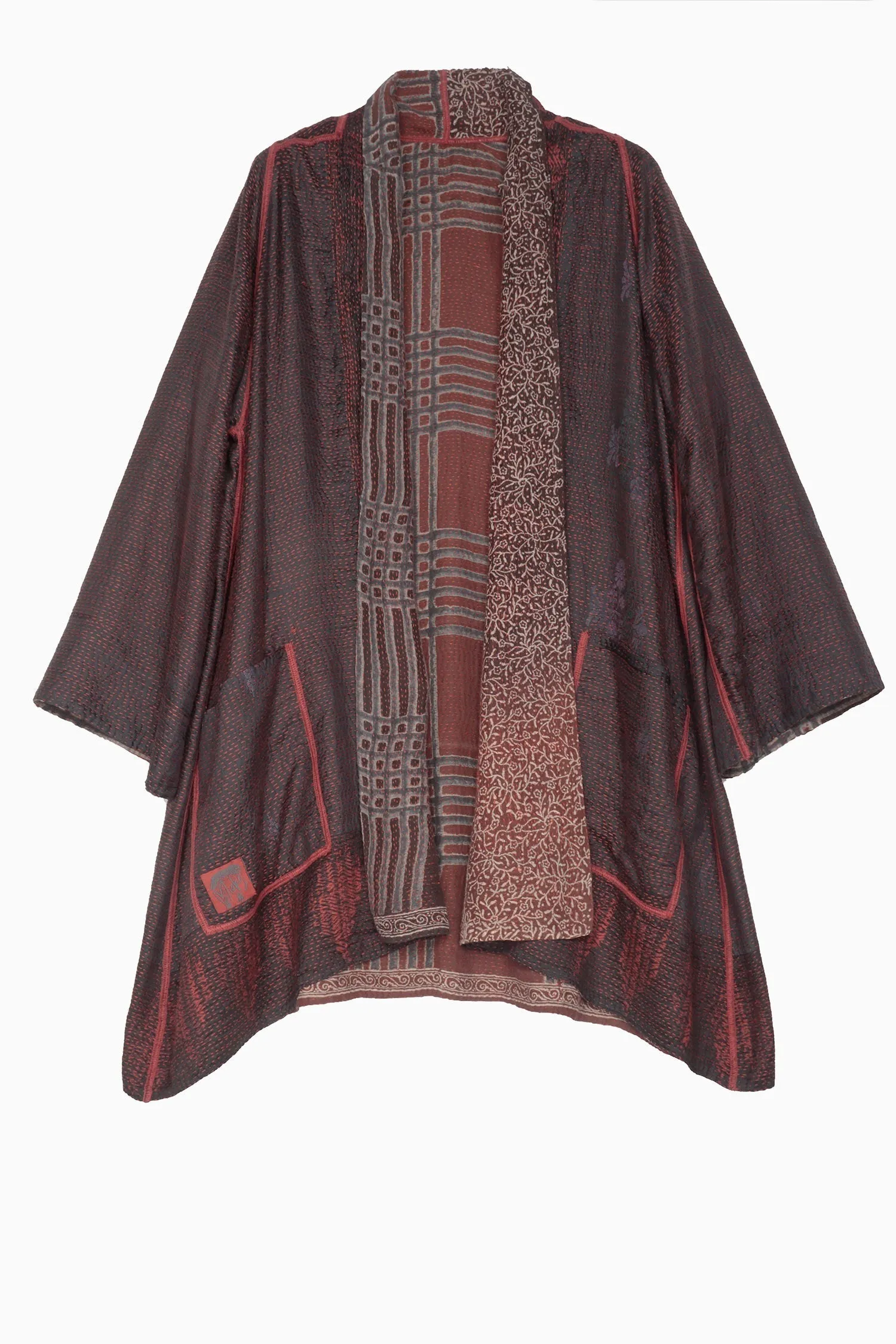 INDONESIAN PRINT & BORDER SHIBORI KANTHA A-LINE JKT - ib2003-red -