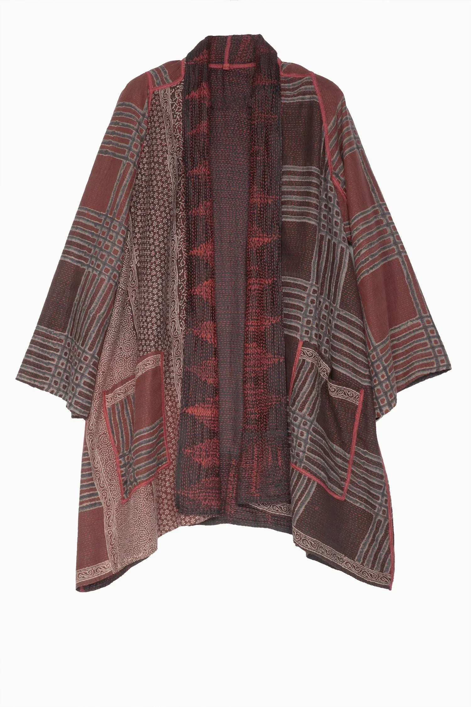 INDONESIAN PRINT & BORDER SHIBORI KANTHA A-LINE JKT - ib2003-red -