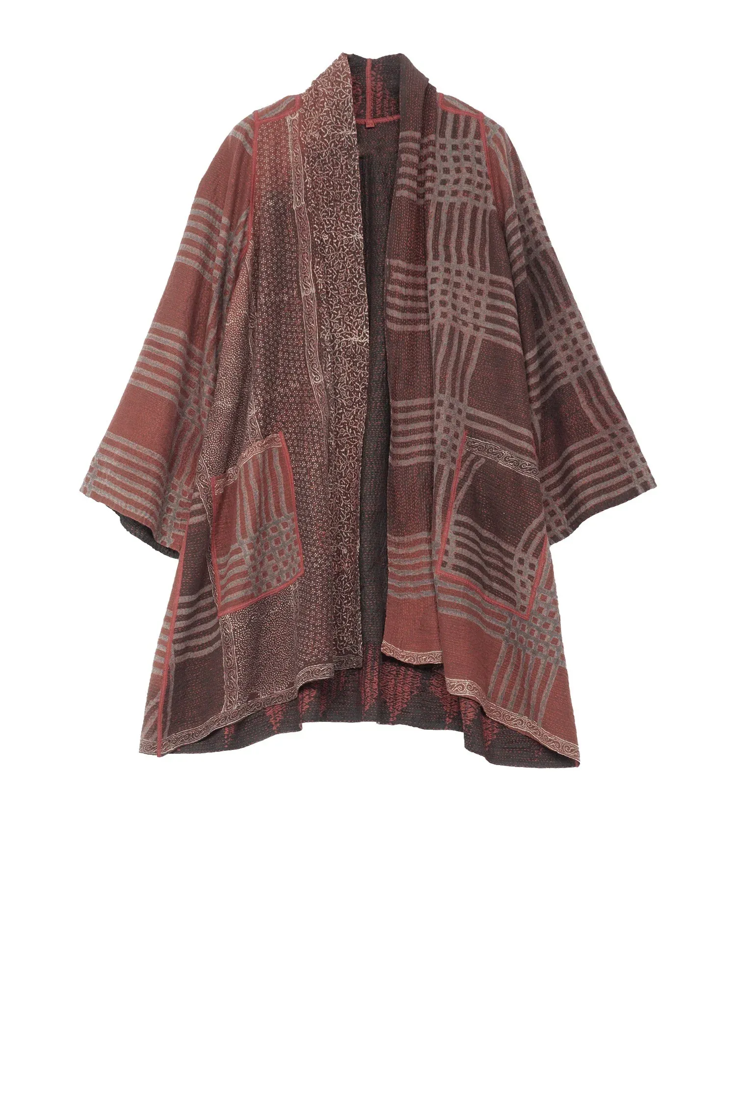 INDONESIAN PRINT & BORDER SHIBORI KANTHA A-LINE LONG JKT - ib2035-red -