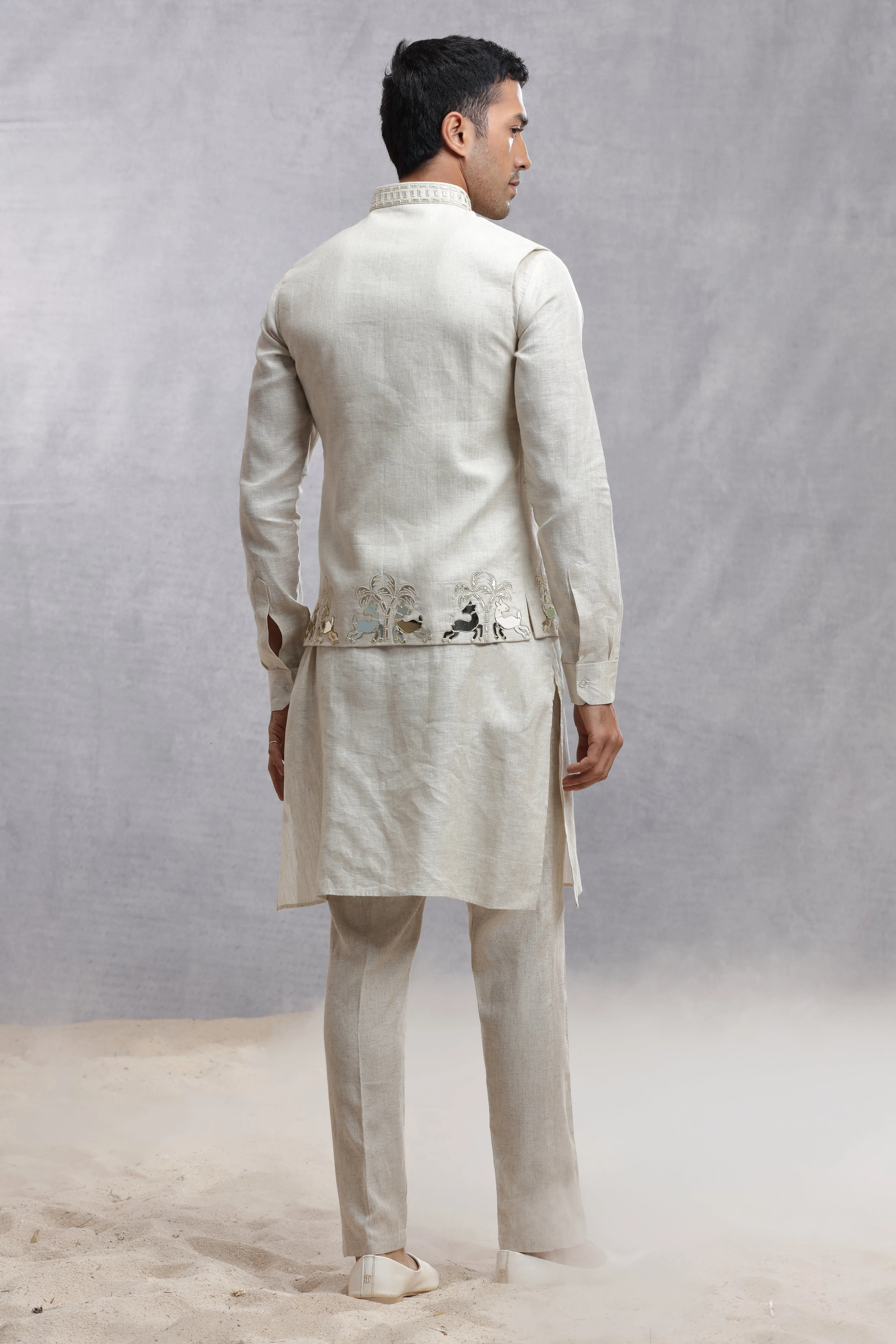 Ivory Silk Koti Kurta with Applique Work