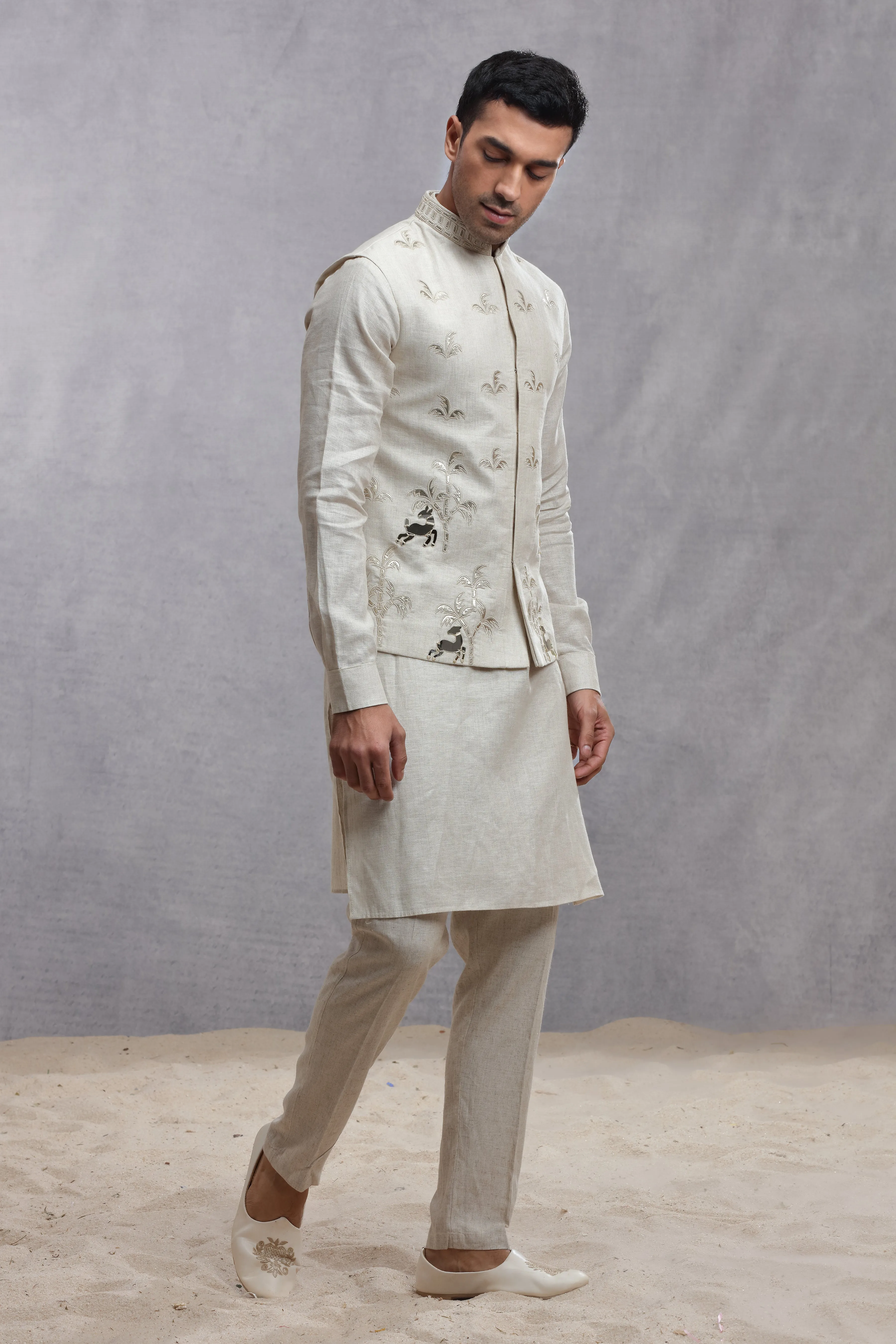 Ivory Silk Koti Kurta with Applique Work