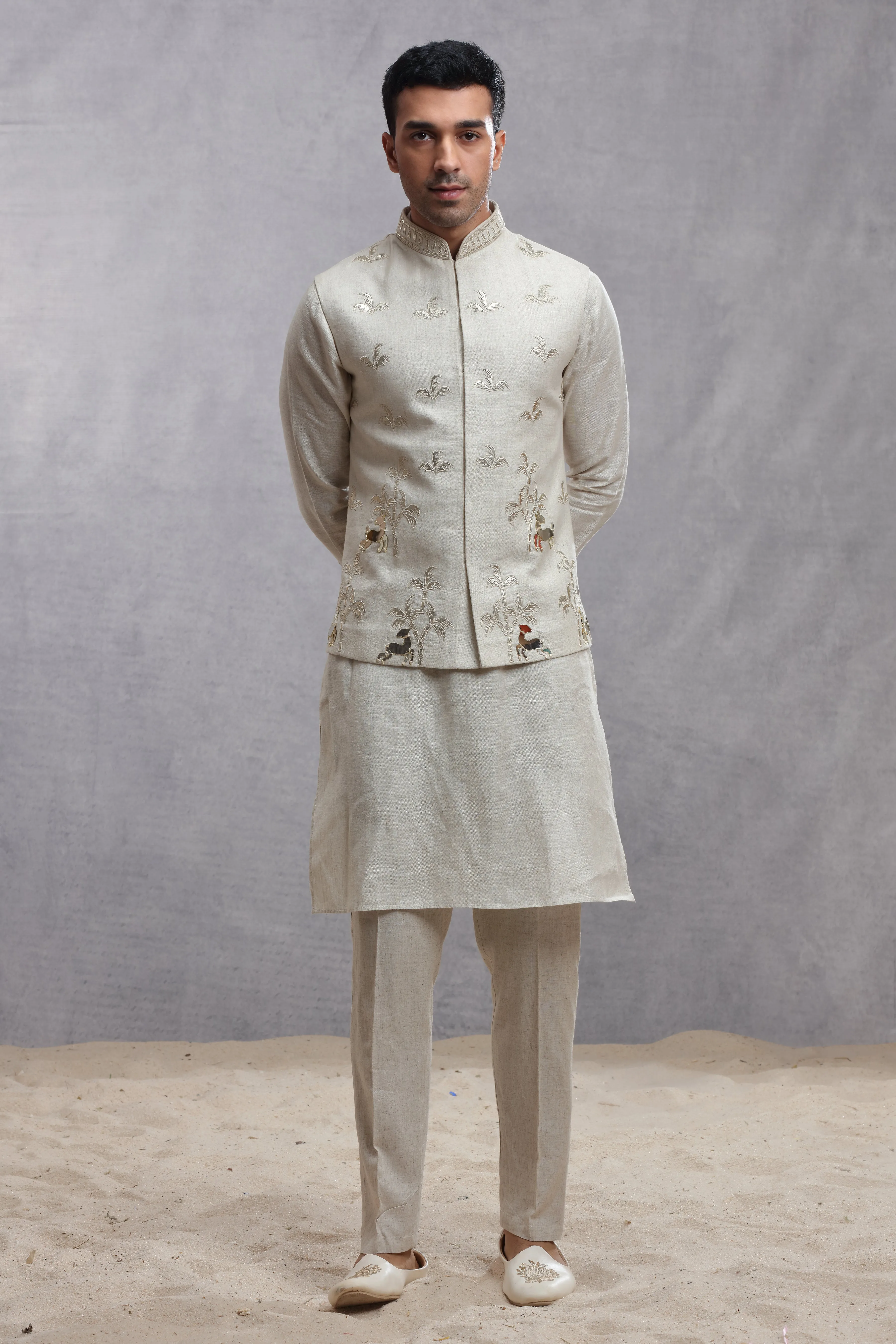 Ivory Silk Koti Kurta with Applique Work