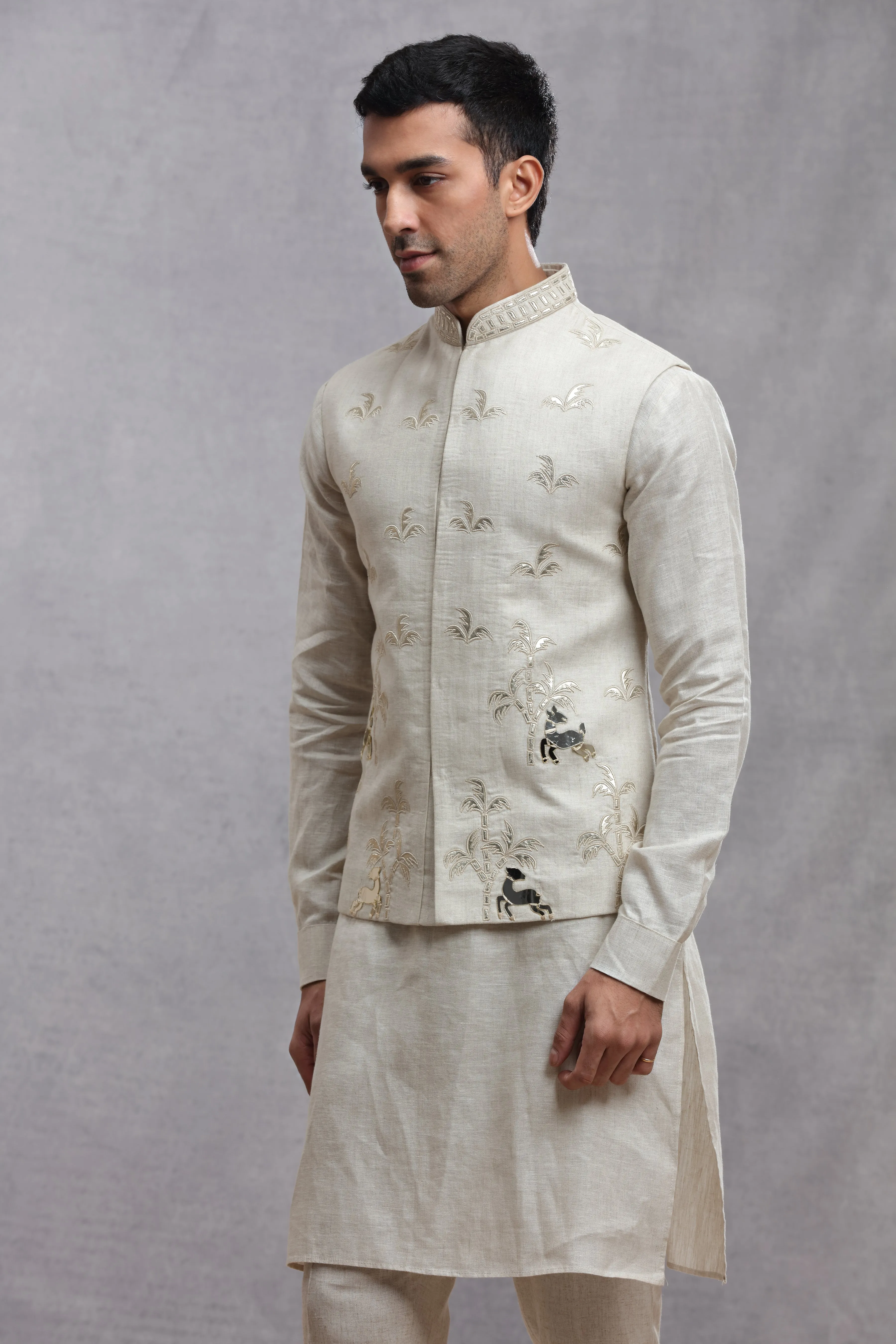 Ivory Silk Koti Kurta with Applique Work