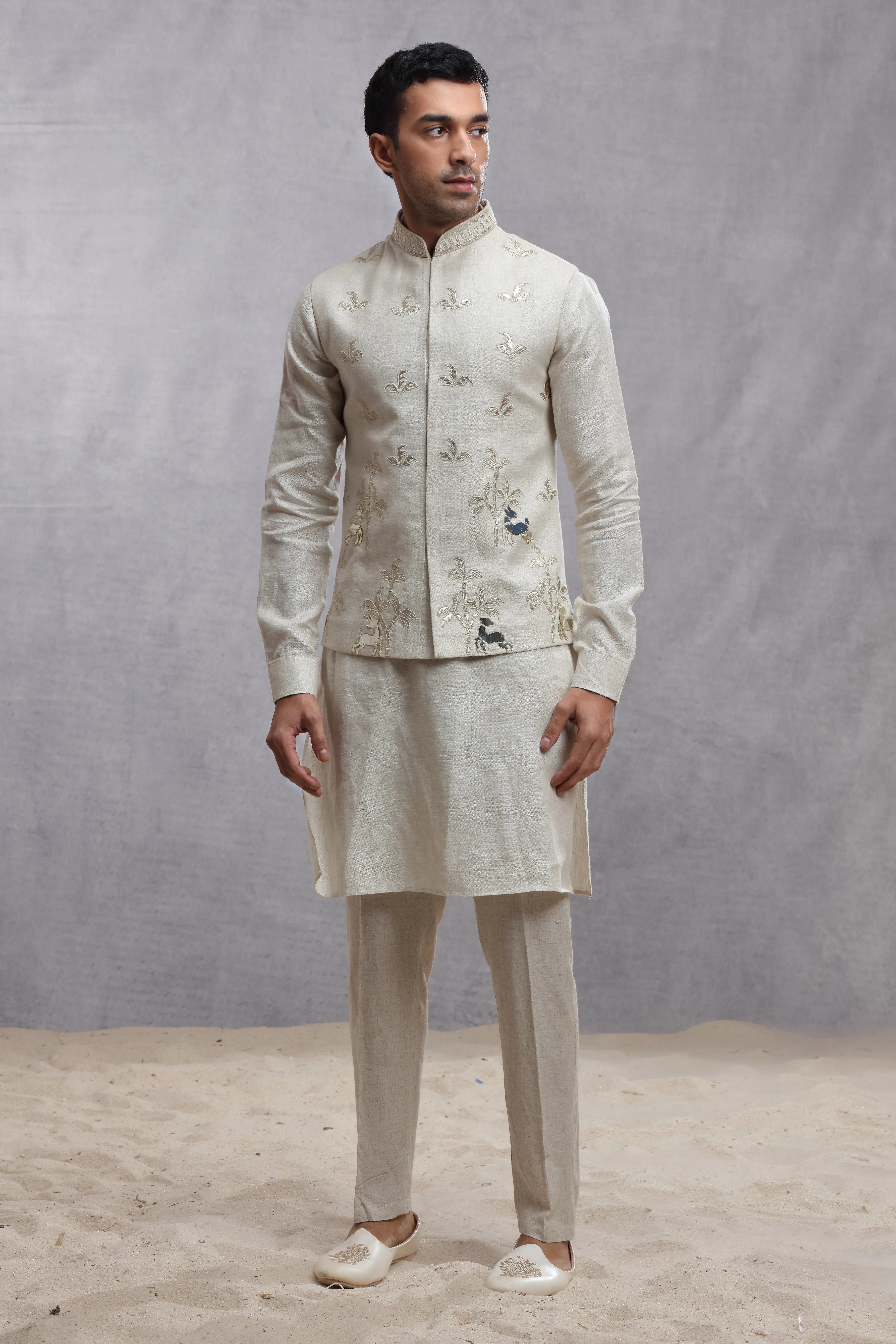 Ivory Silk Koti Kurta with Applique Work