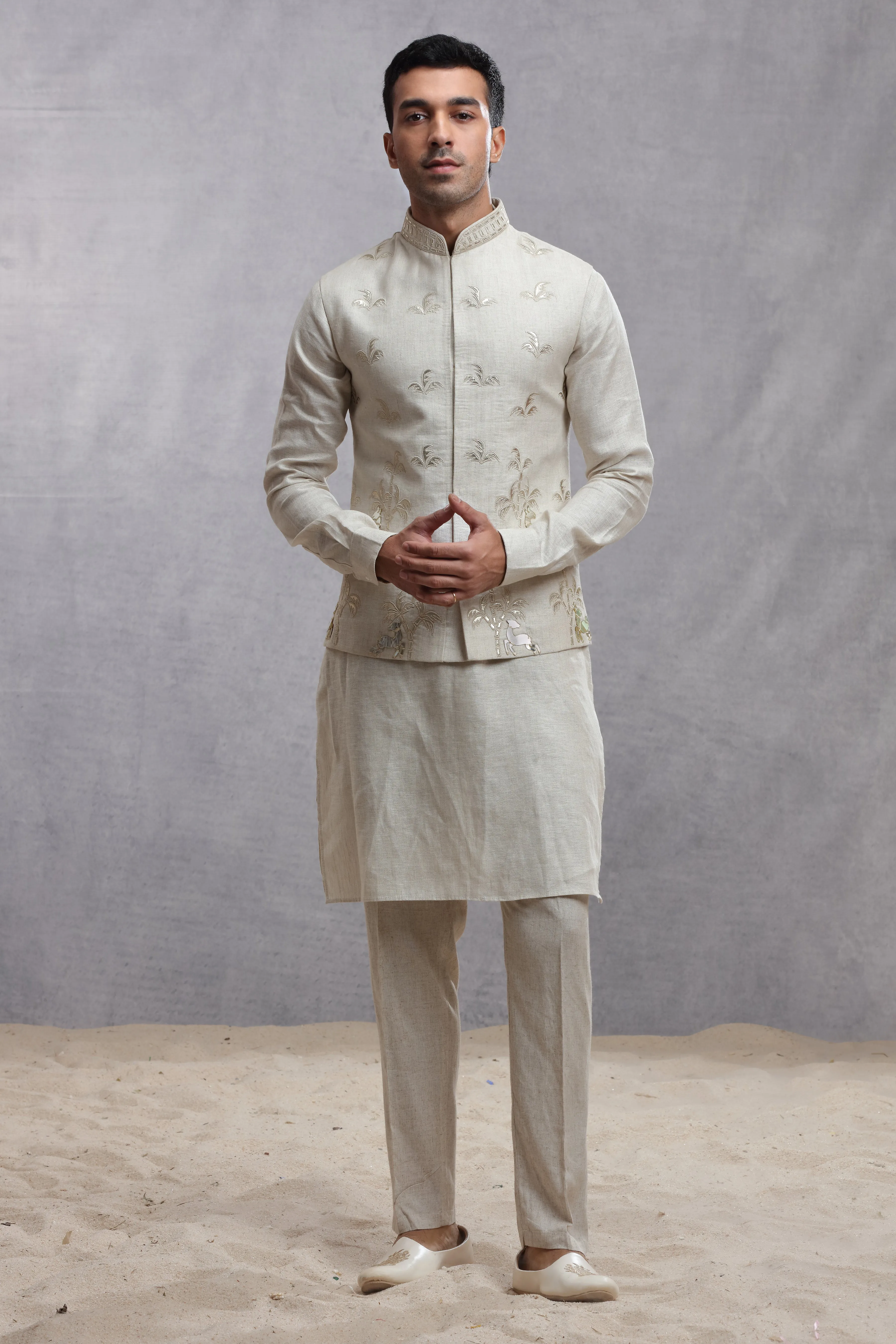 Ivory Silk Koti Kurta with Applique Work