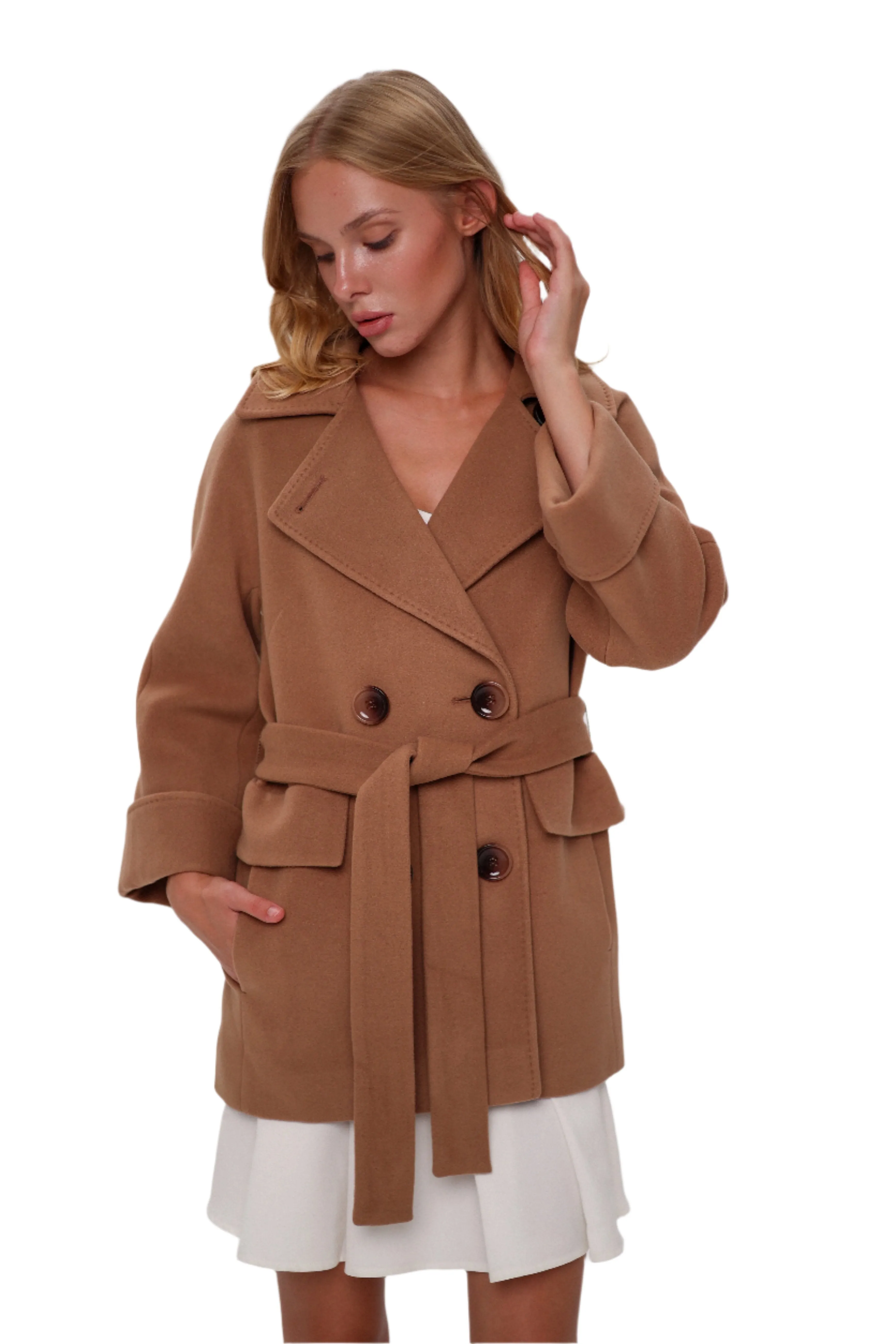 Jackie Tailored Cashmere Wool Coat in Camel