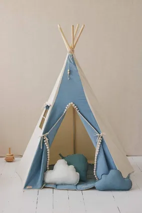 Jeans Teepee with Pompoms and Round Mat Set