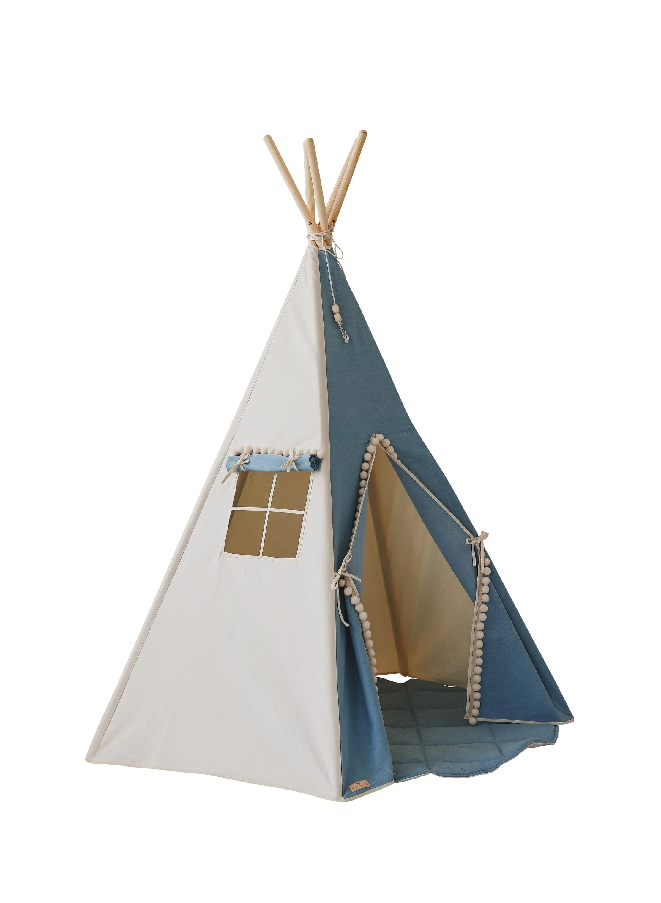 Jeans Teepee with Pompoms and Round Mat Set