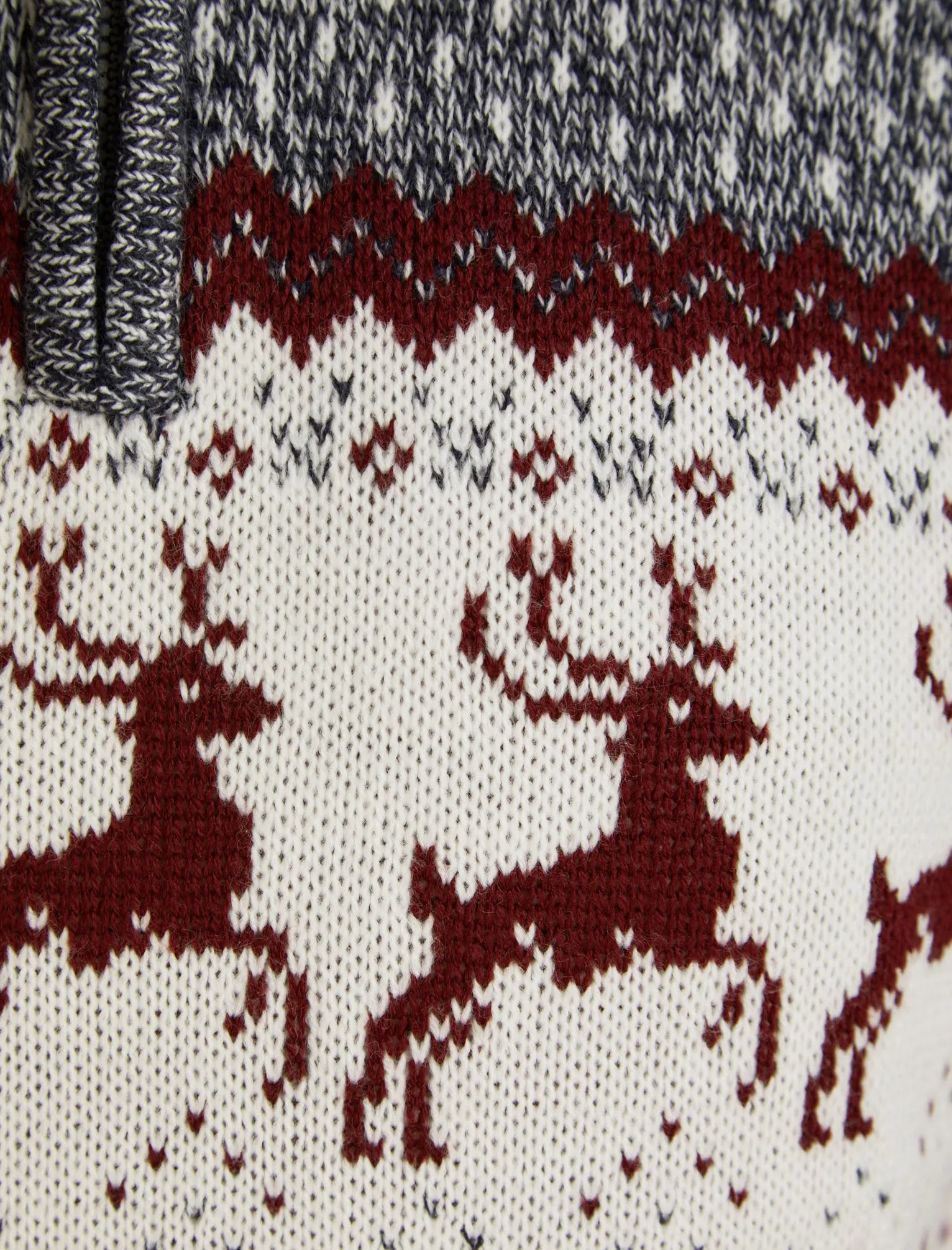 Jumping Deer Nordic Jacquard Cable Knit Jumper with Half Zip in Claret- Merry Christmas