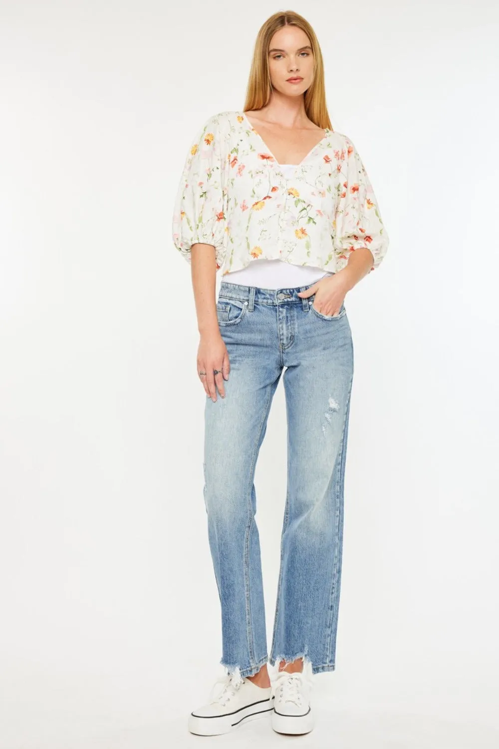 Kancan Mid Rise Frayed Hem Straight Jeans