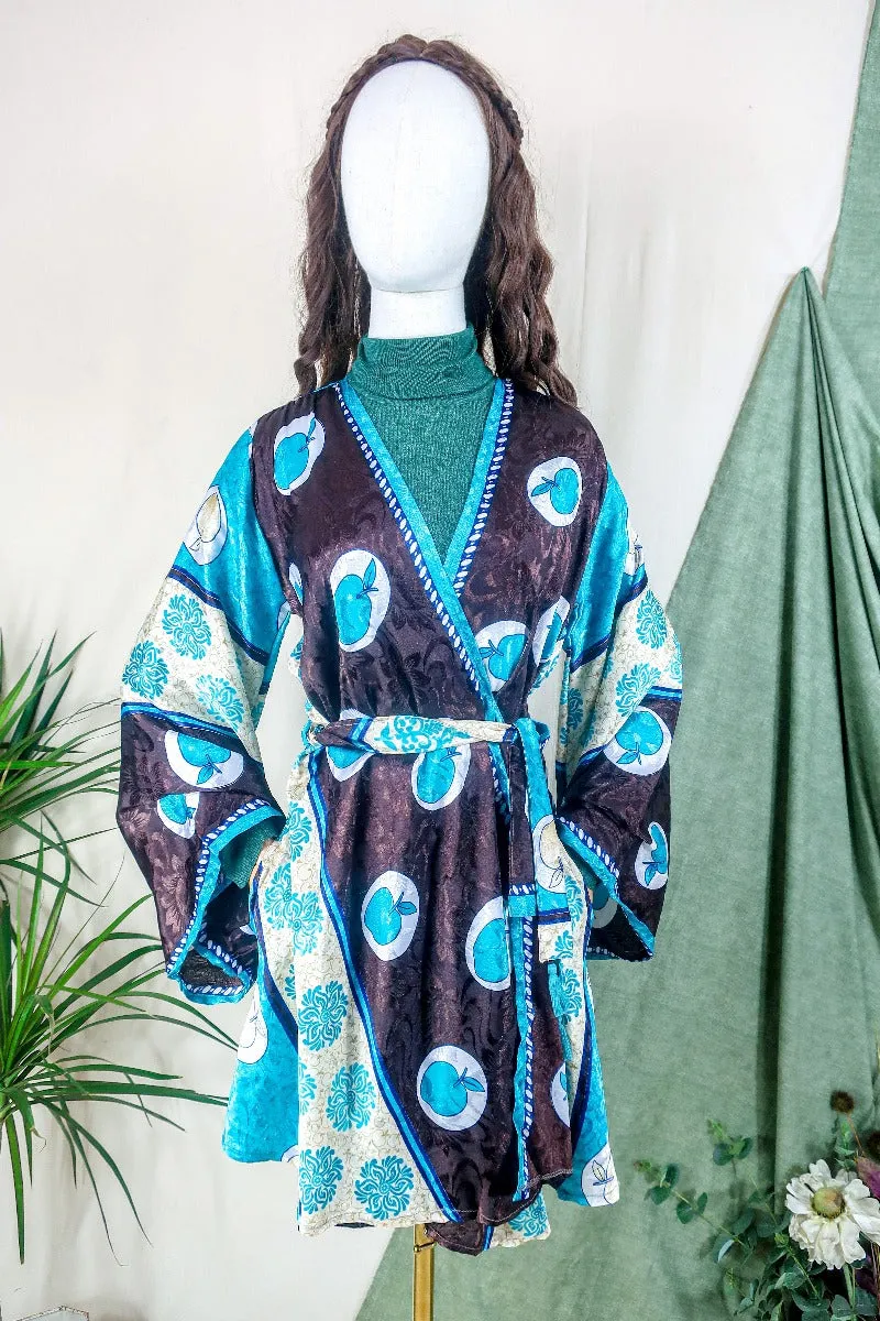 Karina Kimono Jacket - Vintage Sari - Aqua & Umber Apple Print - Free Size M/L