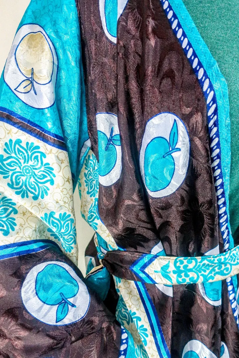 Karina Kimono Jacket - Vintage Sari - Aqua & Umber Apple Print - Free Size M/L