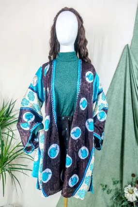 Karina Kimono Jacket - Vintage Sari - Aqua & Umber Apple Print - Free Size M/L