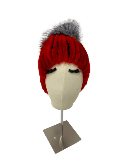 KNITTED MINK BEANIE RED