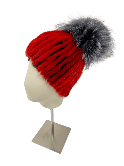 KNITTED MINK BEANIE RED