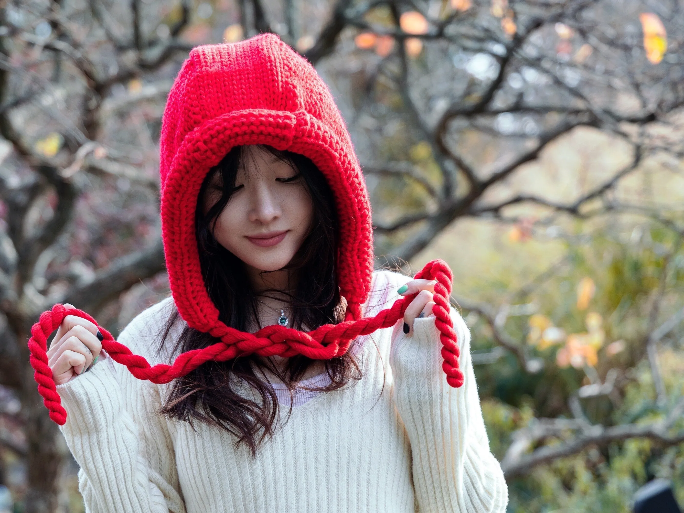 Knitted Red Winter Hat with Braids, Red Winter Beanie, Warm Crochet Bonnet, Knitted Red Hood, Warm Stylish Cozy Winter Headwear