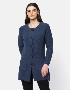 Knitted Round Neck Long Coat With Front Pockets