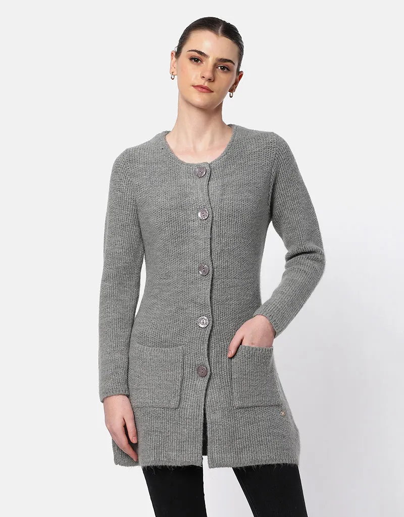 Knitted Round Neck Long Coat With Front Pockets