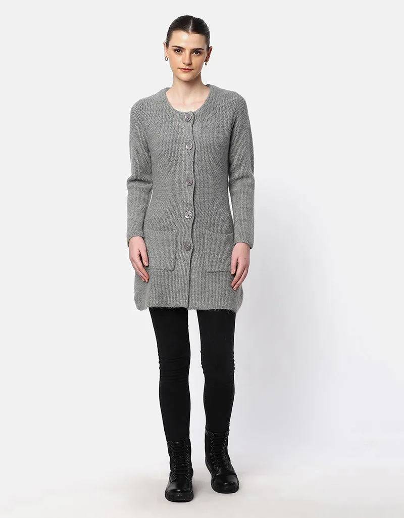 Knitted Round Neck Long Coat With Front Pockets