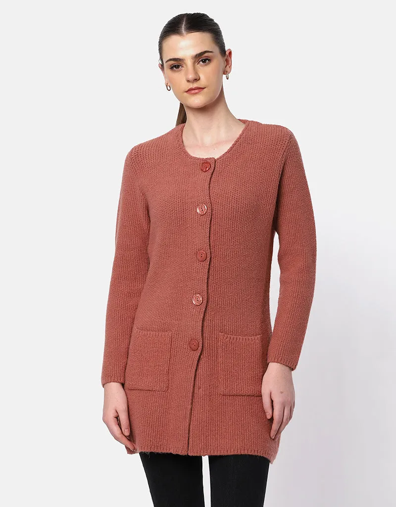 Knitted Round Neck Long Coat With Front Pockets