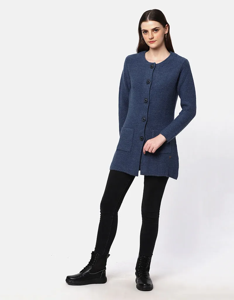 Knitted Round Neck Long Coat With Front Pockets