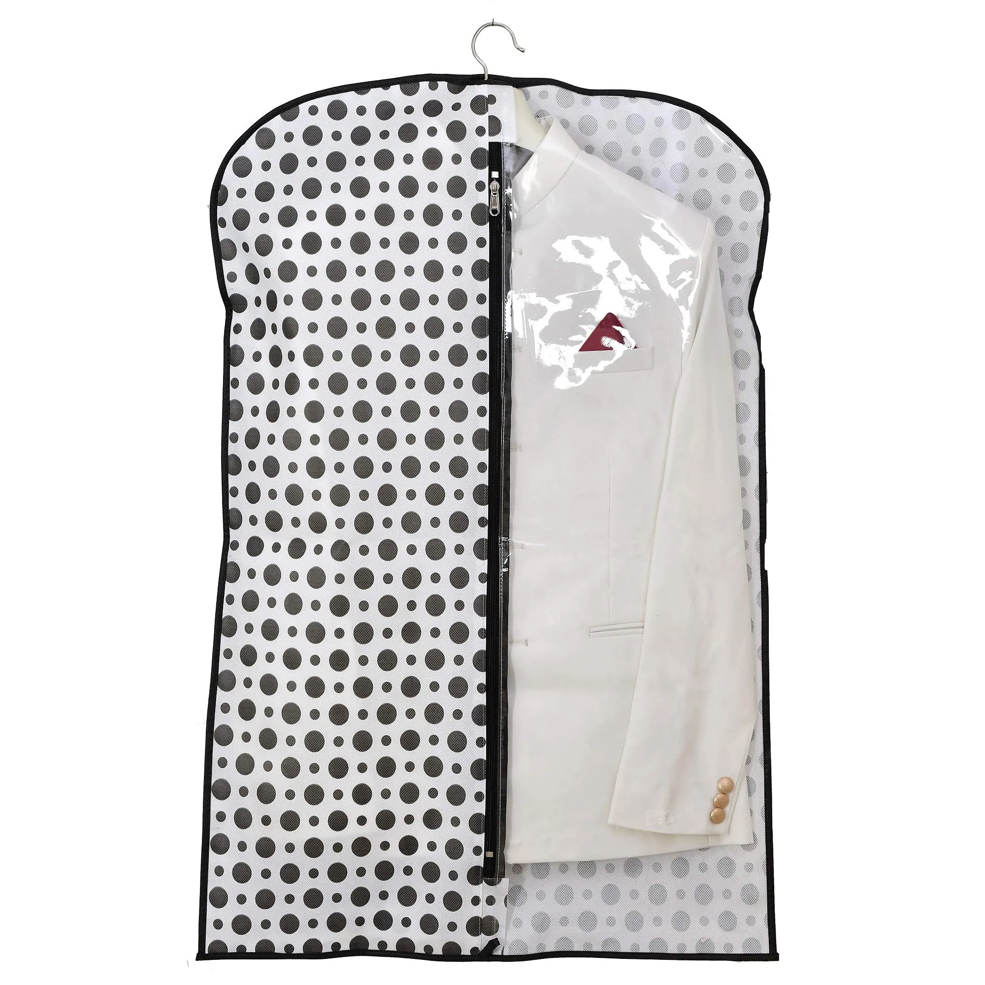 Kuber Industries Polka Dots Printed Half Transparent Non Woven Men's Coat Blazer Cover (Black & White)-KUBMART882_Standard