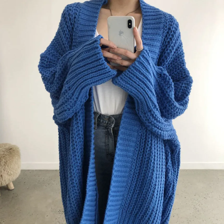 Lanfubeisi rainy day outfit Autumn and Winter Long Cardigan Solid Color Women's Knitted Women's Fashion Sweater Women