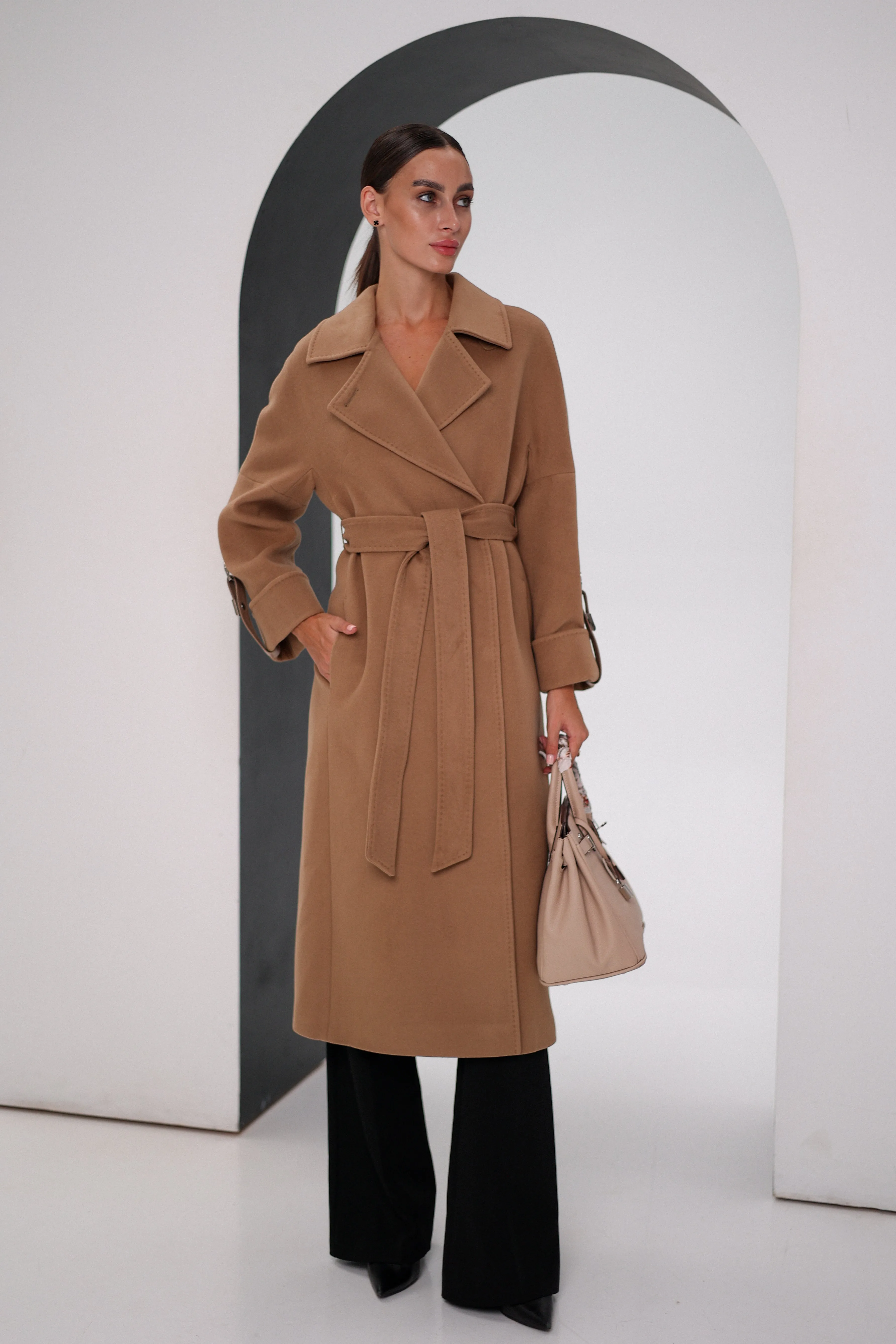 Leather Buckle Cashmere Wool Coat