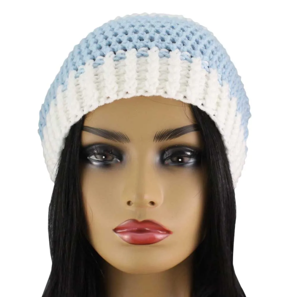 Light Blue and White Crochet Beanie Hat Medium/Large - JMCH40ML